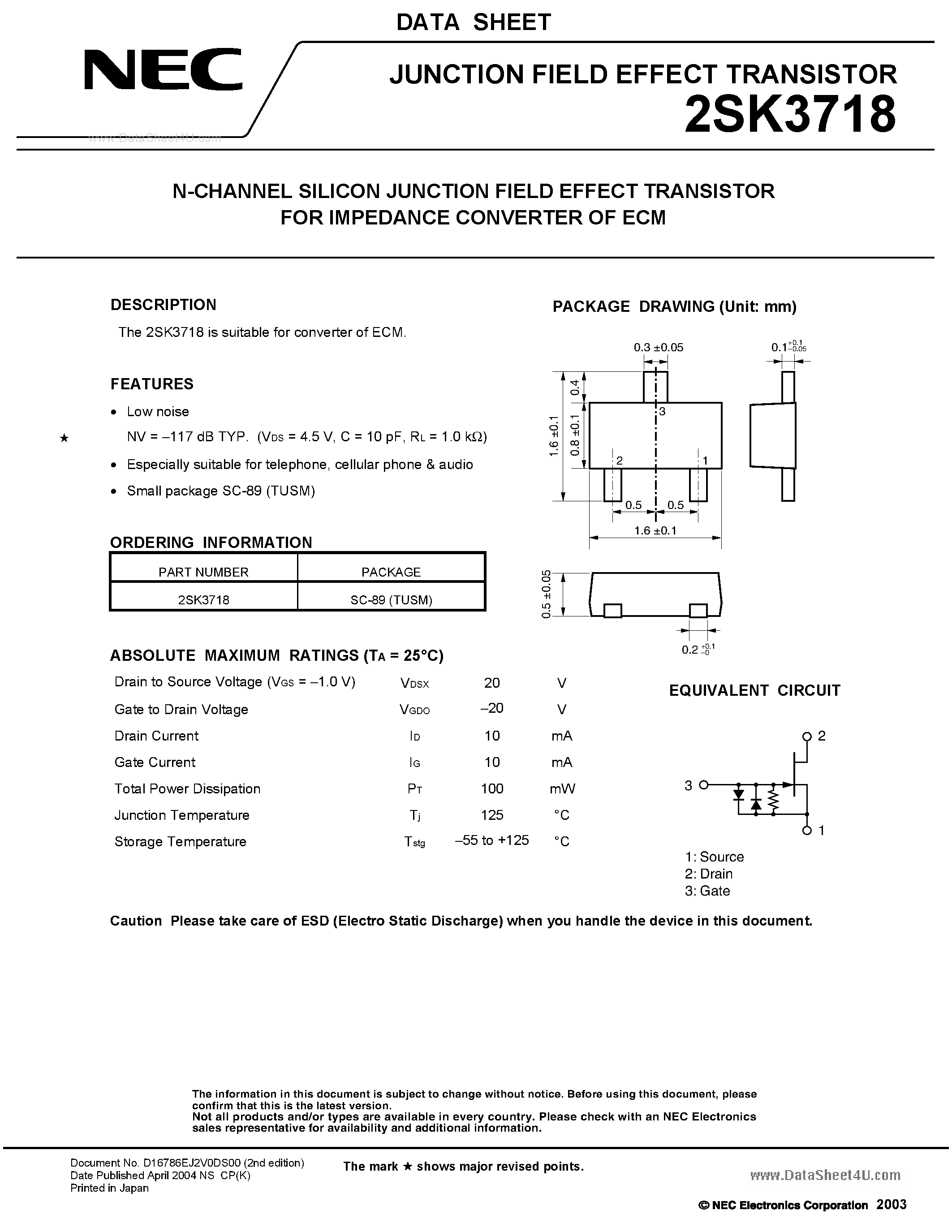 Datasheet 2SK3718 - SWITCHING N-CHANNEL POWER MOSFET page 1