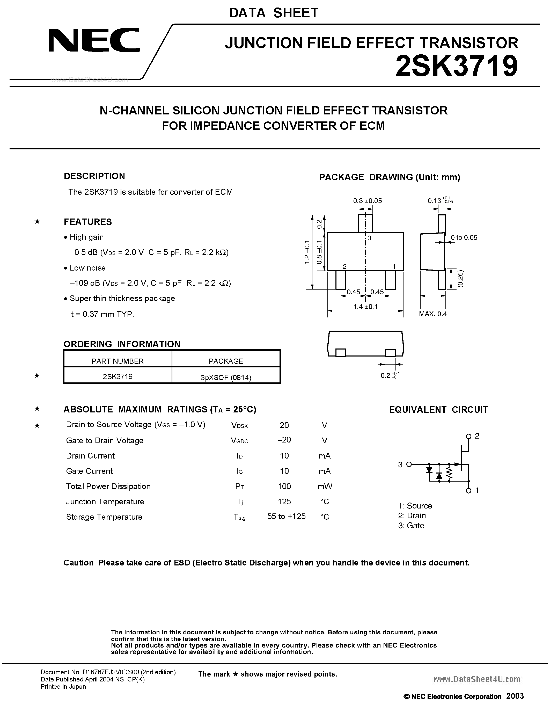 Datasheet 2SK3719 - SWITCHING N-CHANNEL POWER MOSFET page 1