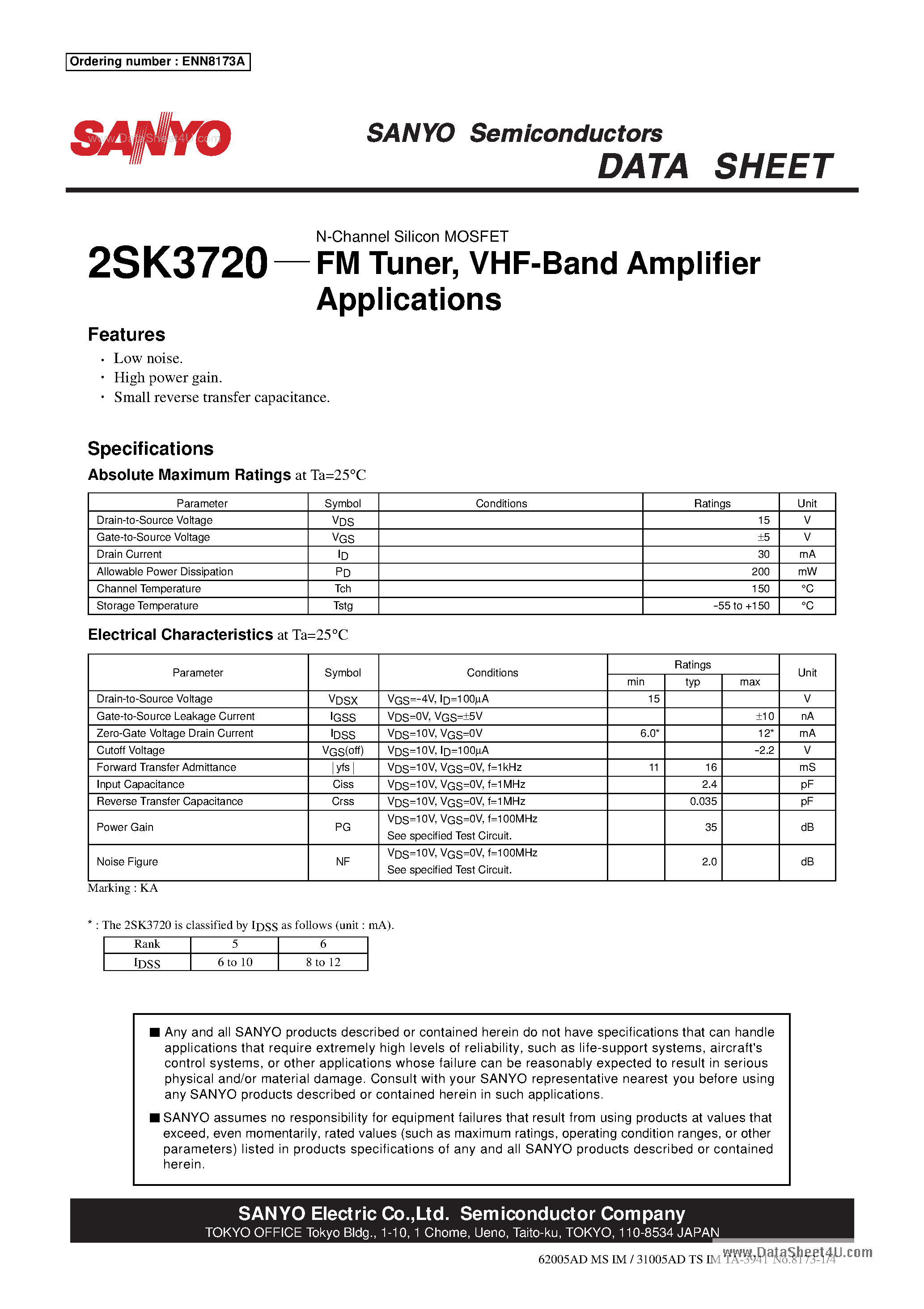 Datasheet 2SK3720 - VHF-Band Amplifier Applications page 1