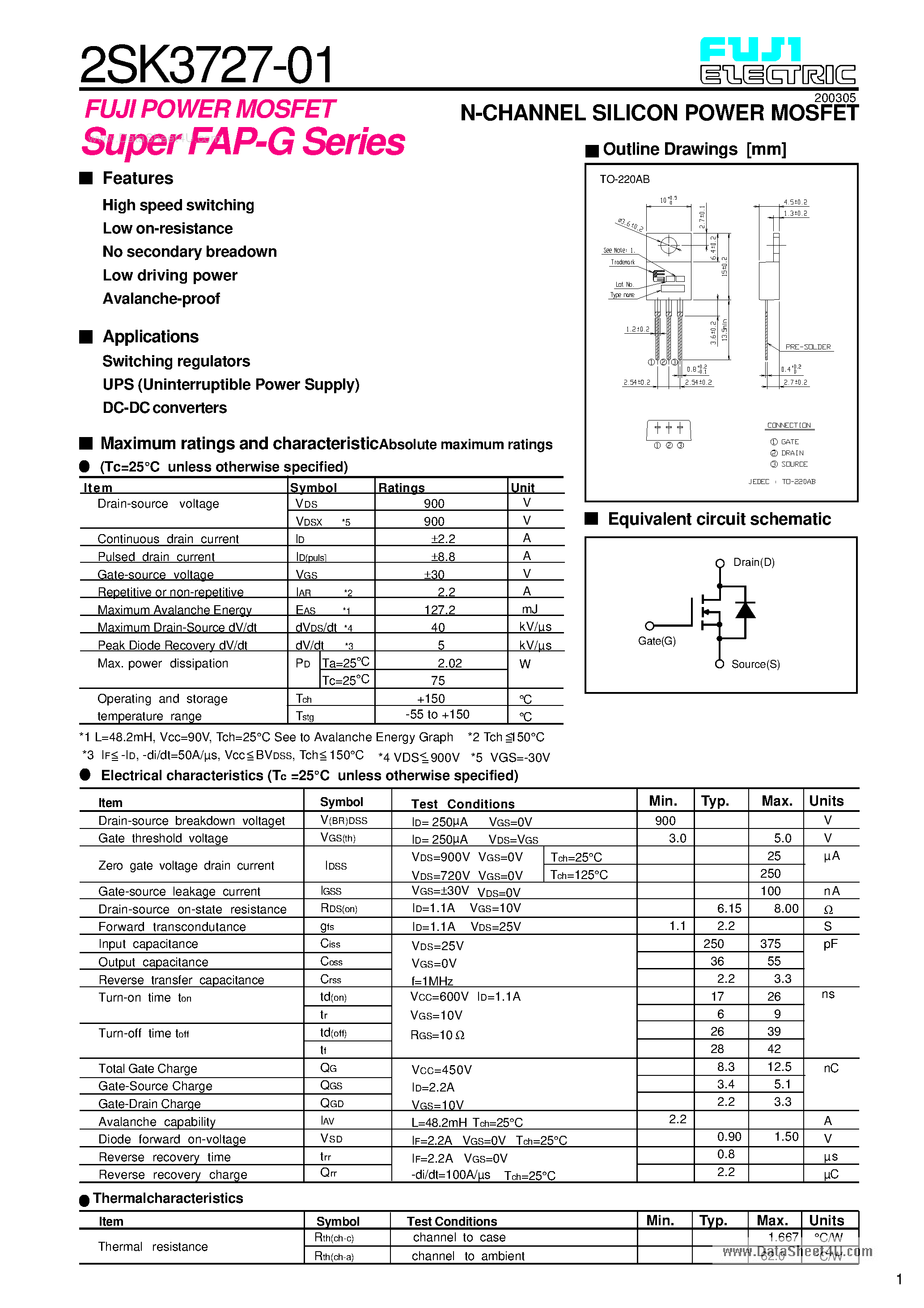 Datasheet 2SK3727-01 - N-CHANNEL SILICON POWER MOSFET page 1