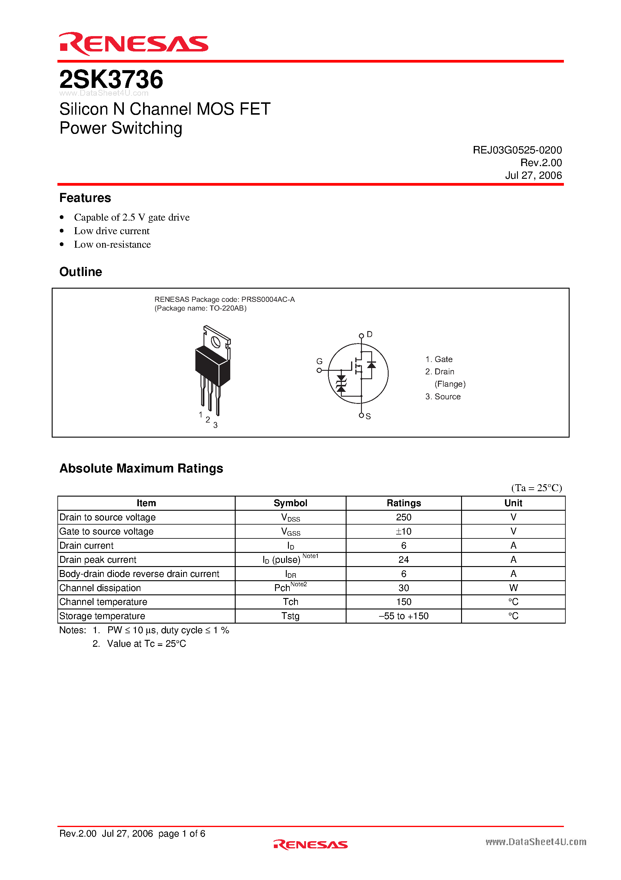 Datasheet 2SK3736 - Silicon N Channel MOS FET Power Switching page 1