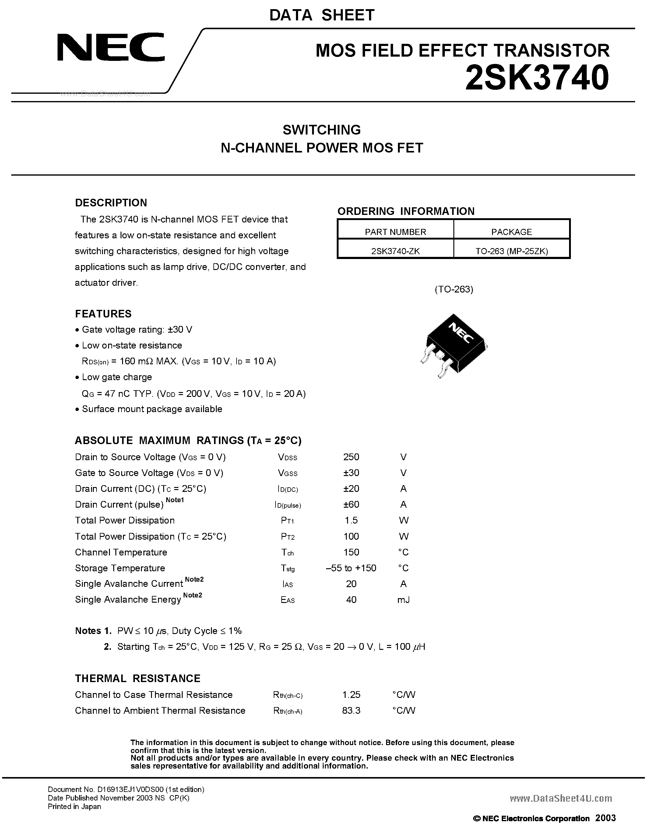 Datasheet 2SK3740 - SWITCHING N-CHANNEL POWER MOSFET page 1