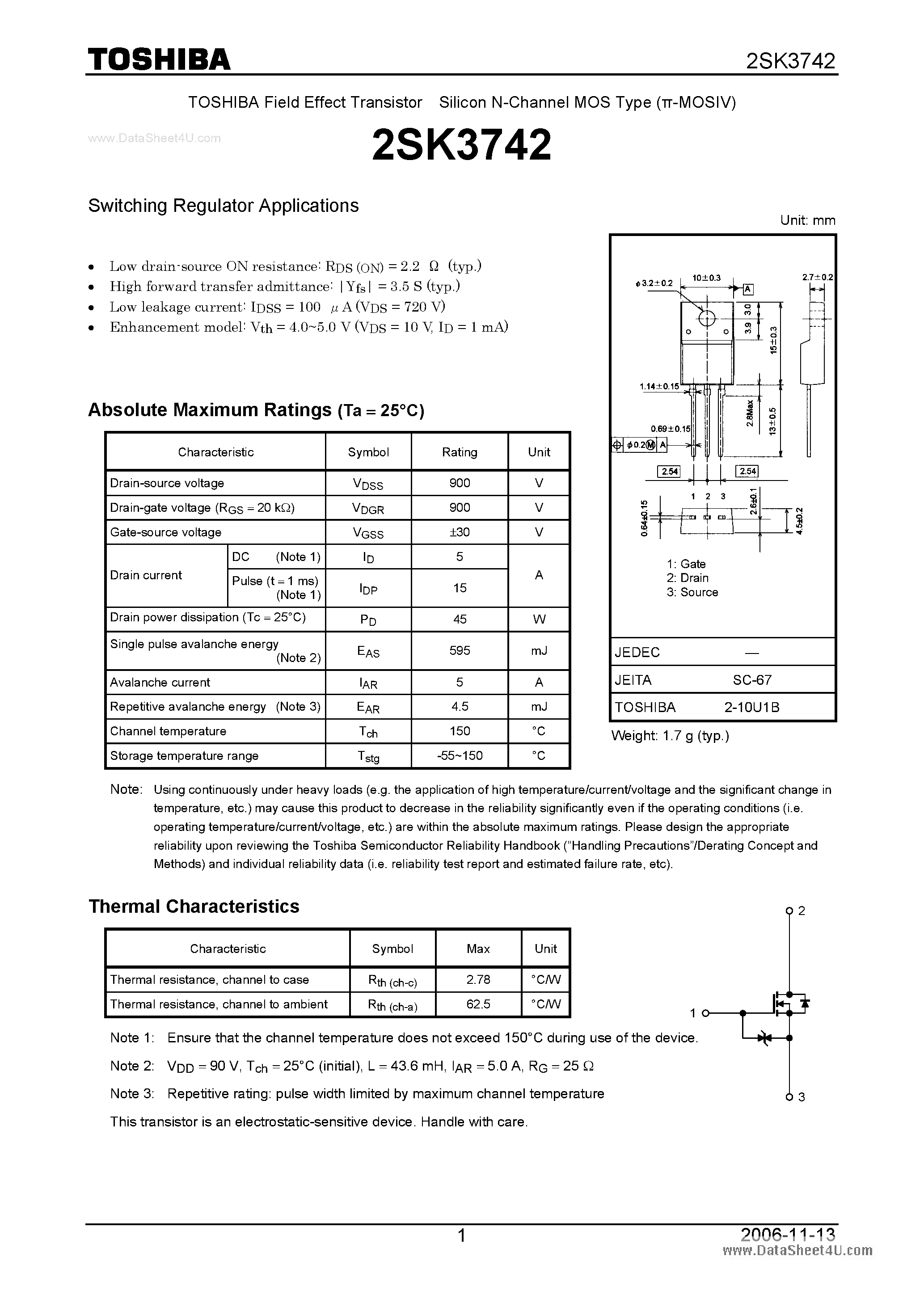 Datasheet 2SK3742 - Silicon N-Channel MOS Type Switching Regulator Applications page 1