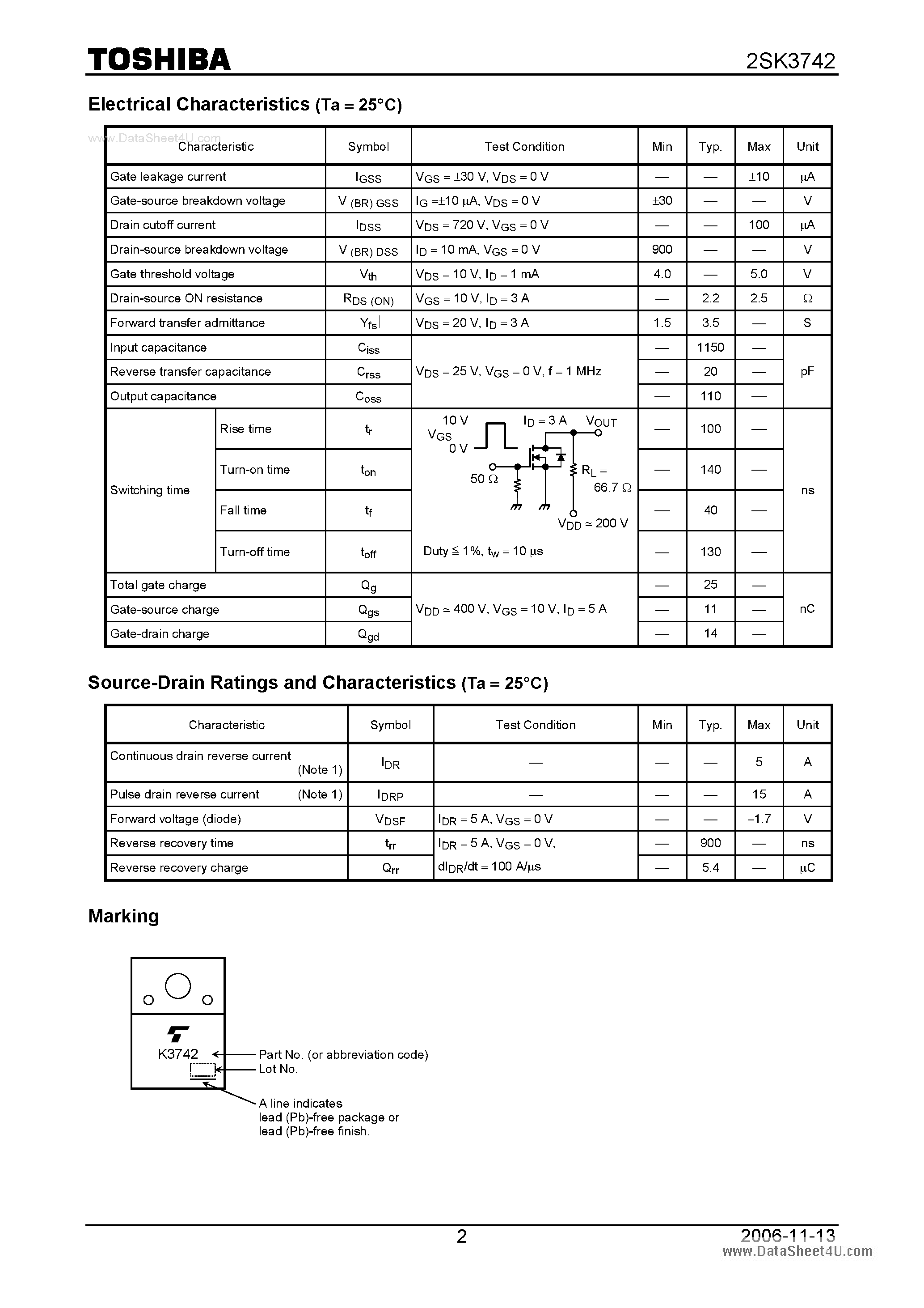 Datasheet 2SK3742 - Silicon N-Channel MOS Type Switching Regulator Applications page 2