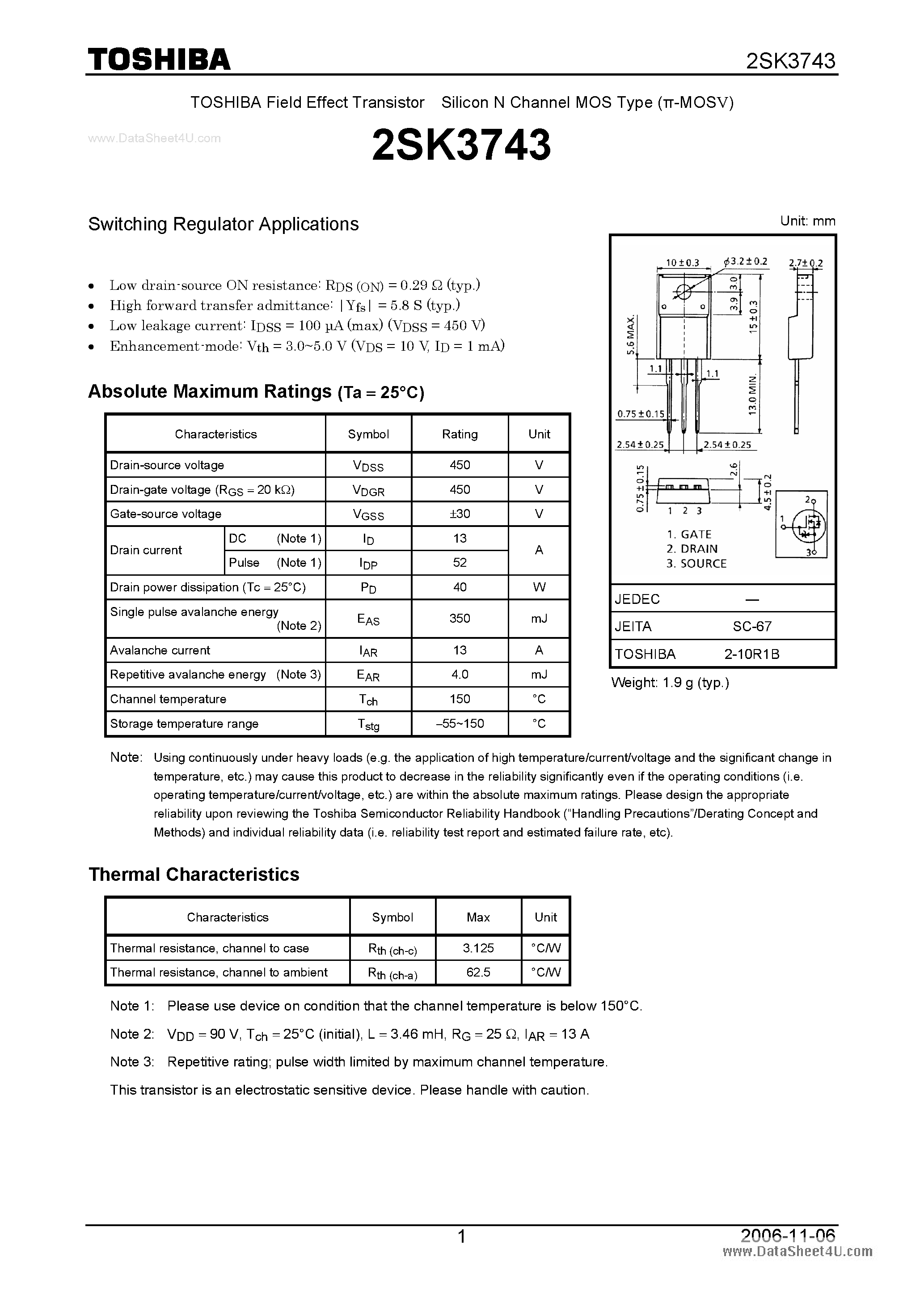 Datasheet 2SK3743 - Silicon N Channel MOS Type Switching Regulator Applications page 1