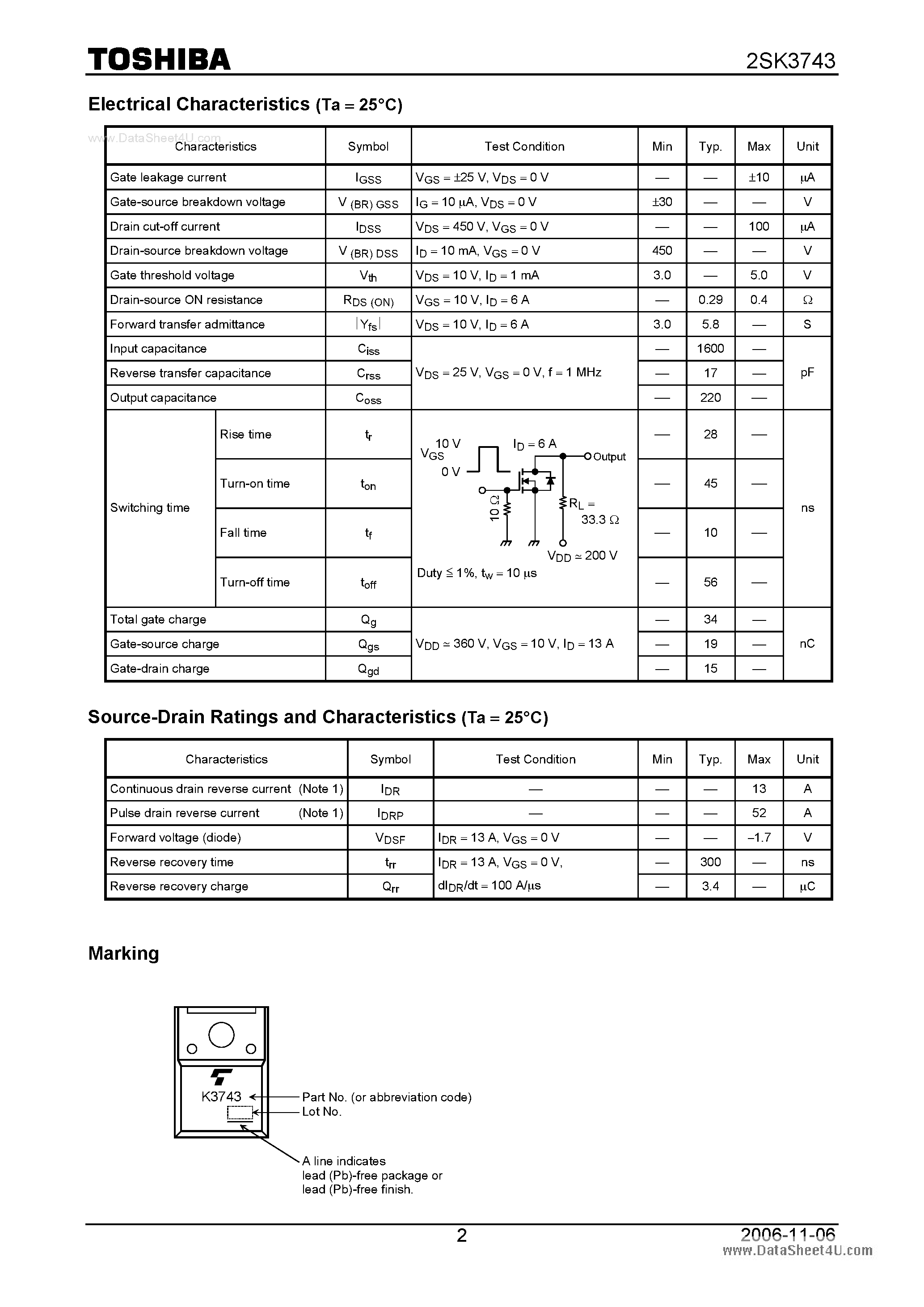 Datasheet 2SK3743 - Silicon N Channel MOS Type Switching Regulator Applications page 2