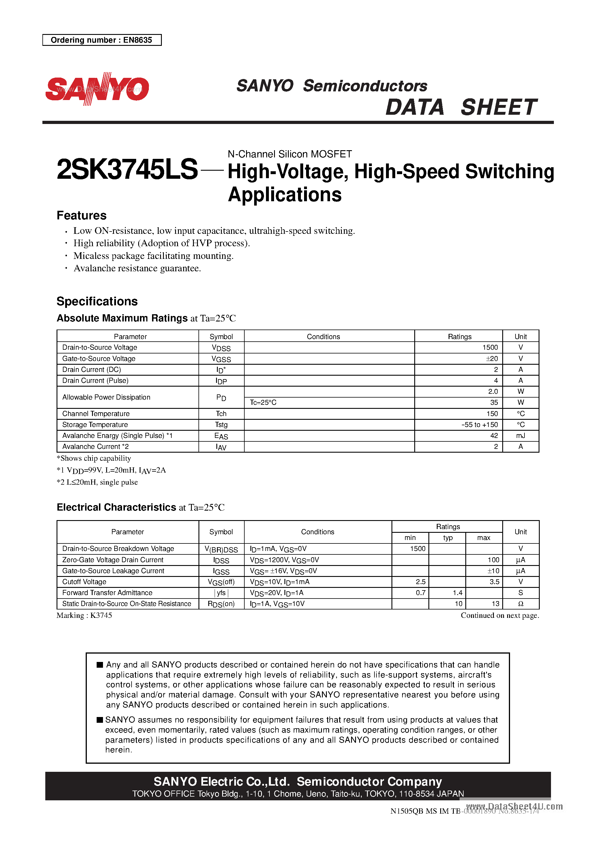 Datasheet 2SK3745LS - High-Speed Switching Applications page 1