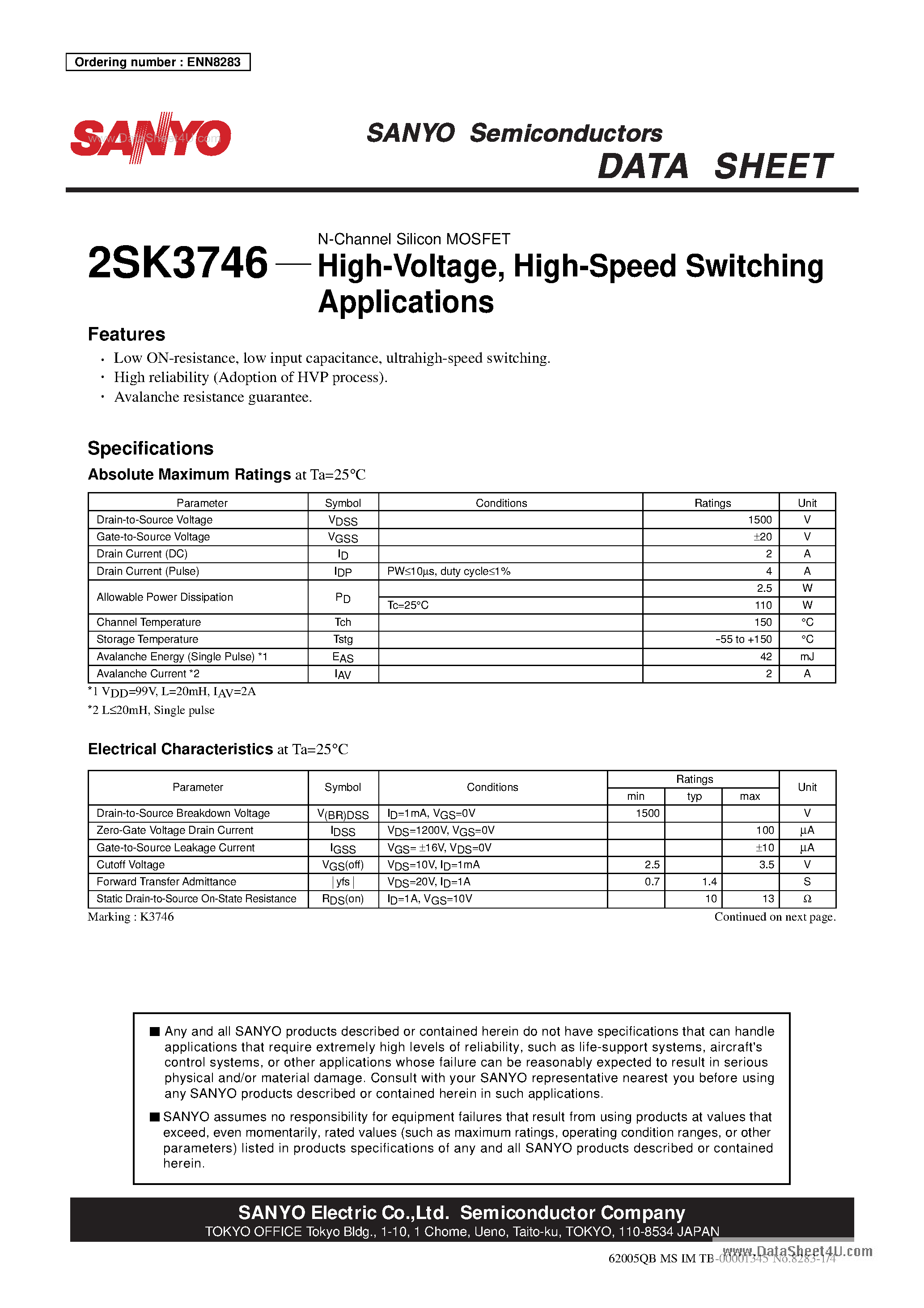 Datasheet 2SK3746 - High-Speed Switching Applications page 1