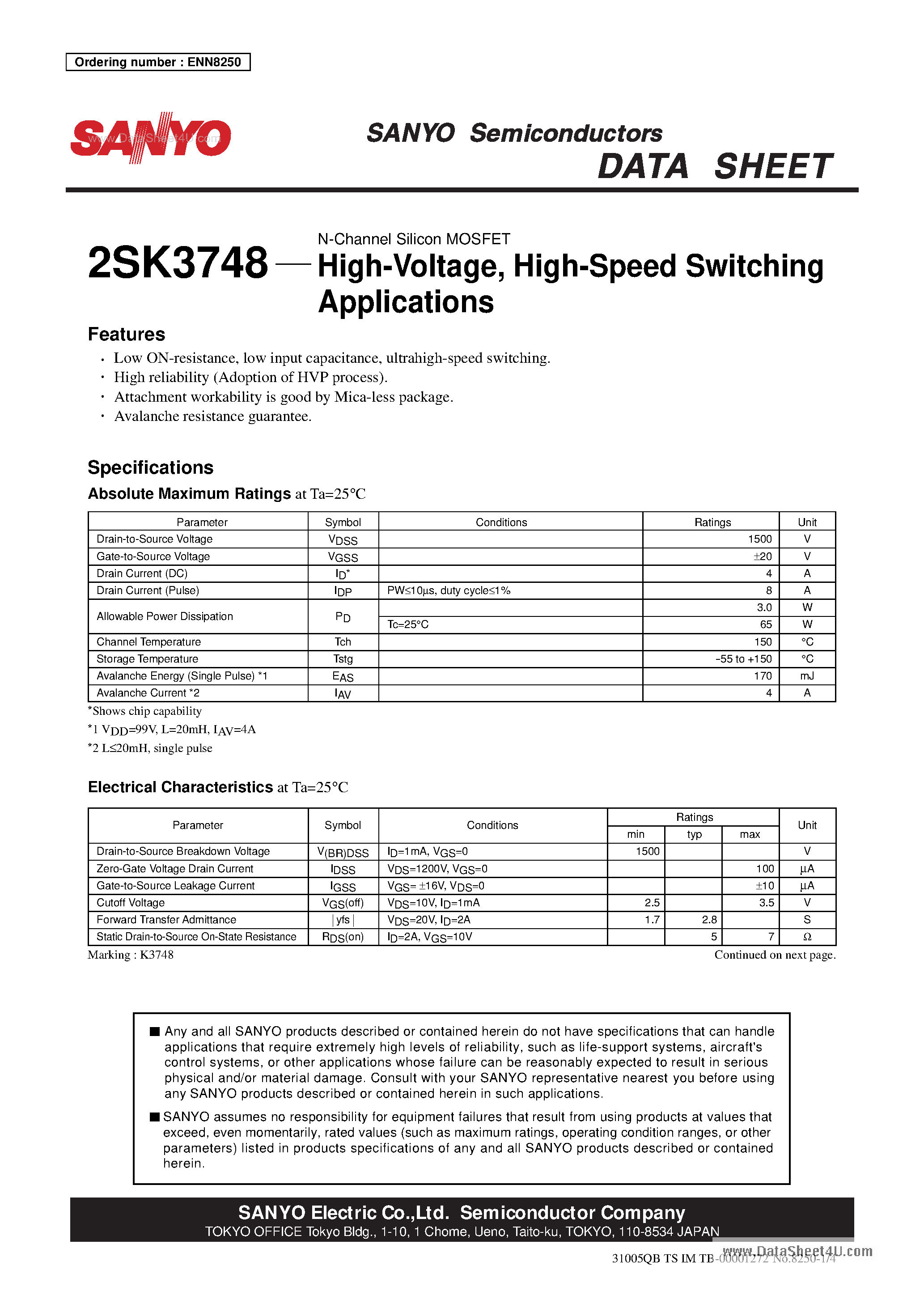 Даташит 2SK3748 - High-Speed Switching Applications страница 1