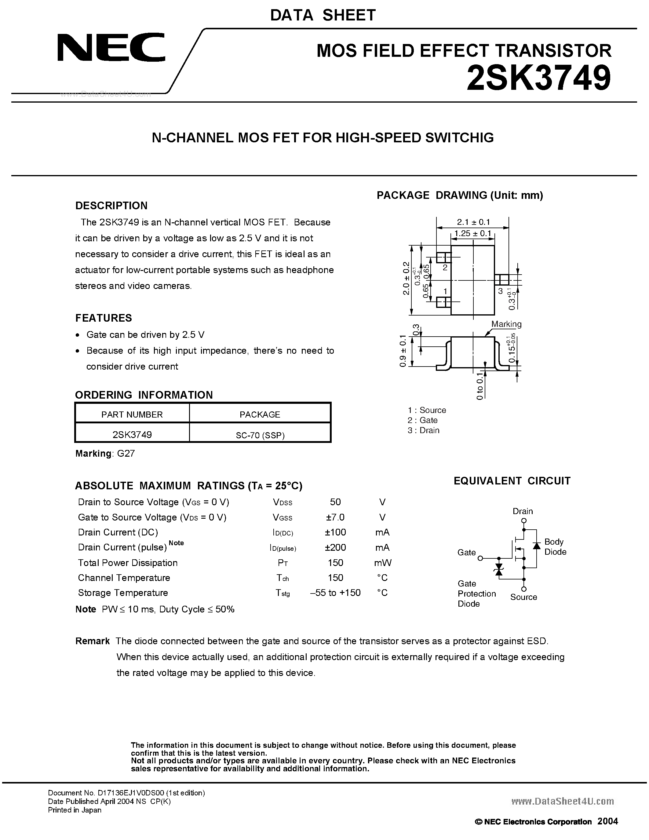 Datasheet 2SK3749 - N-CHANNEL MOSFET FOR HIGH-SPEED SWITCHING page 1