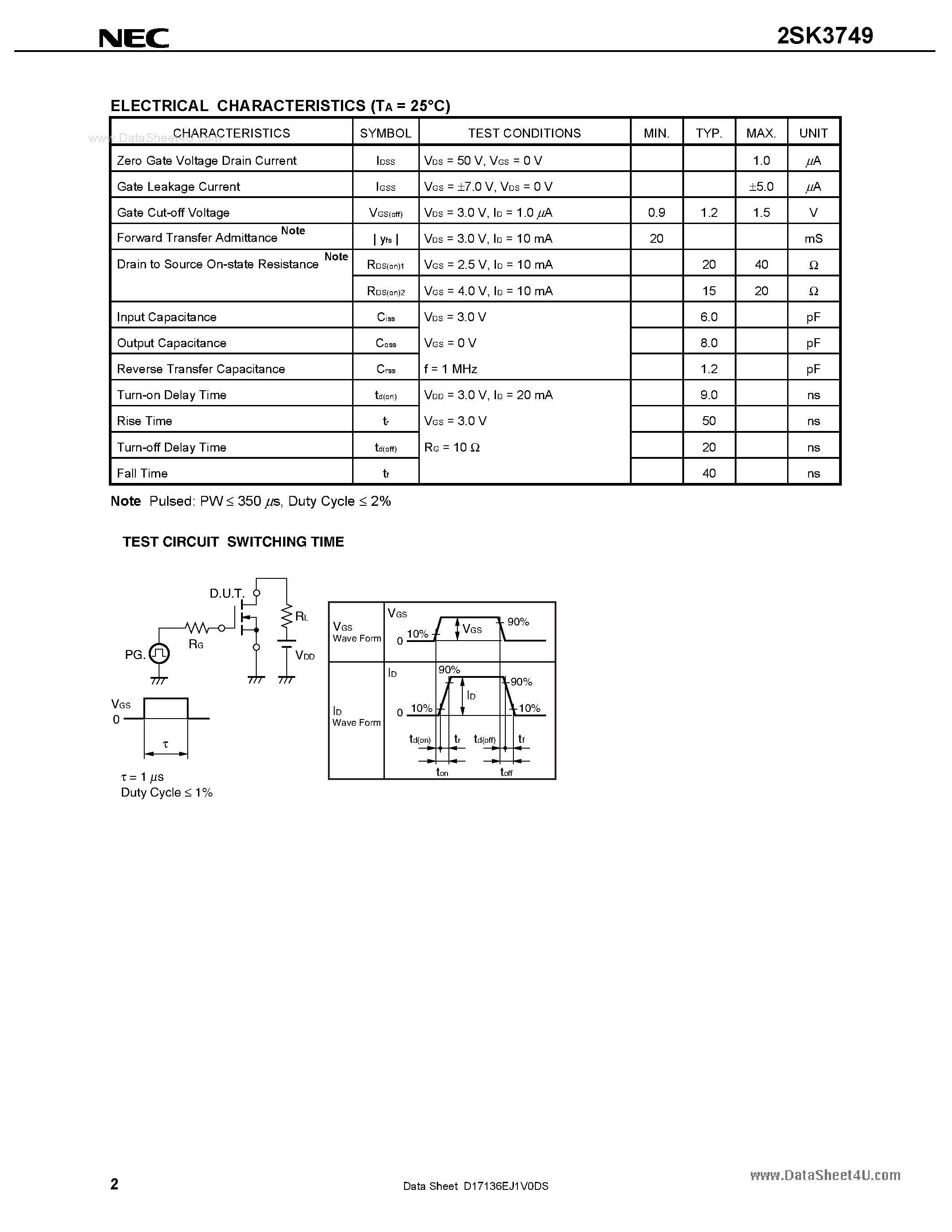 Datasheet 2SK3749 - N-CHANNEL MOSFET FOR HIGH-SPEED SWITCHING page 2