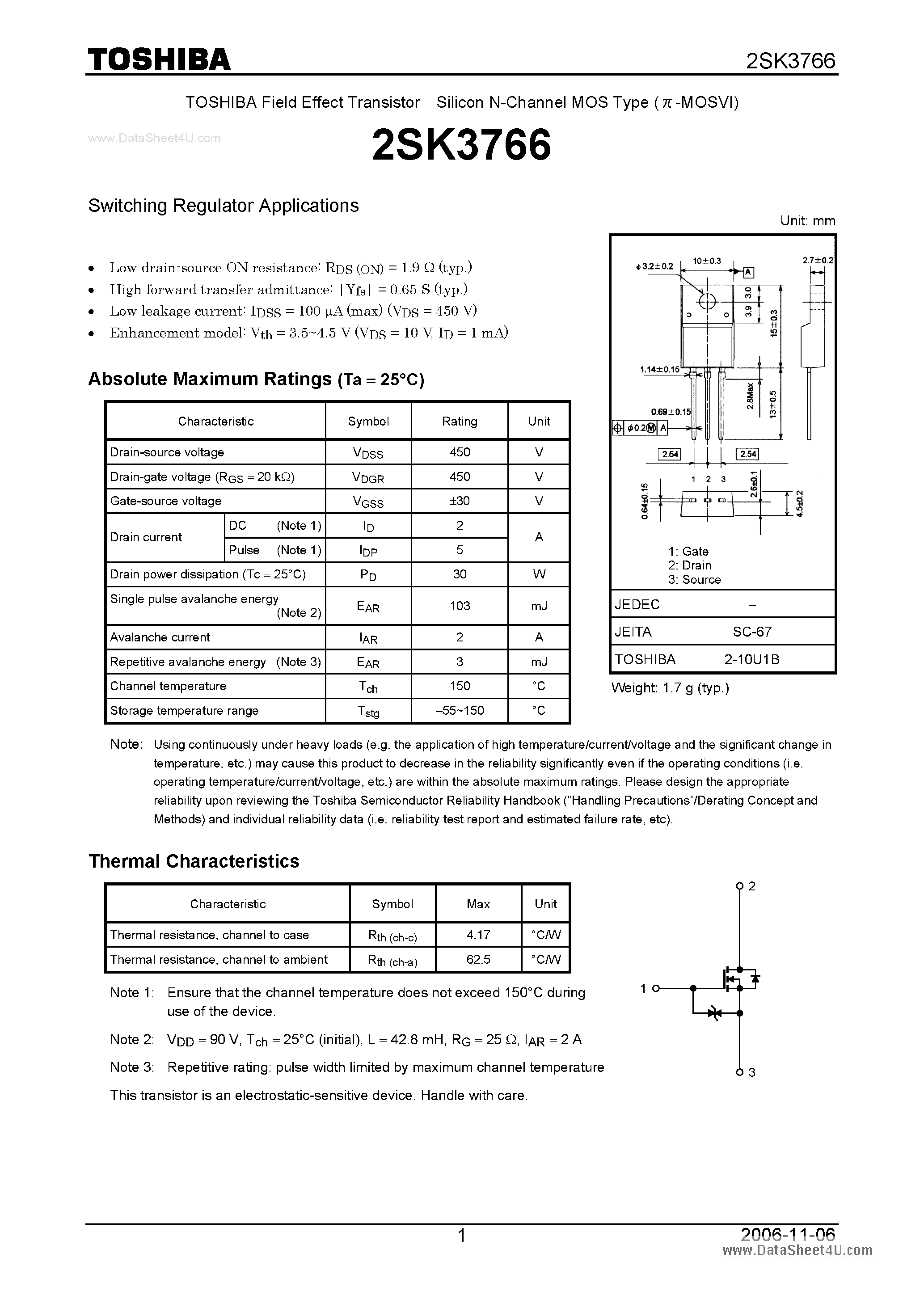 Datasheet 2SK3766 - Silicon N-Channel MOS Type Switching Regulator Applications page 1