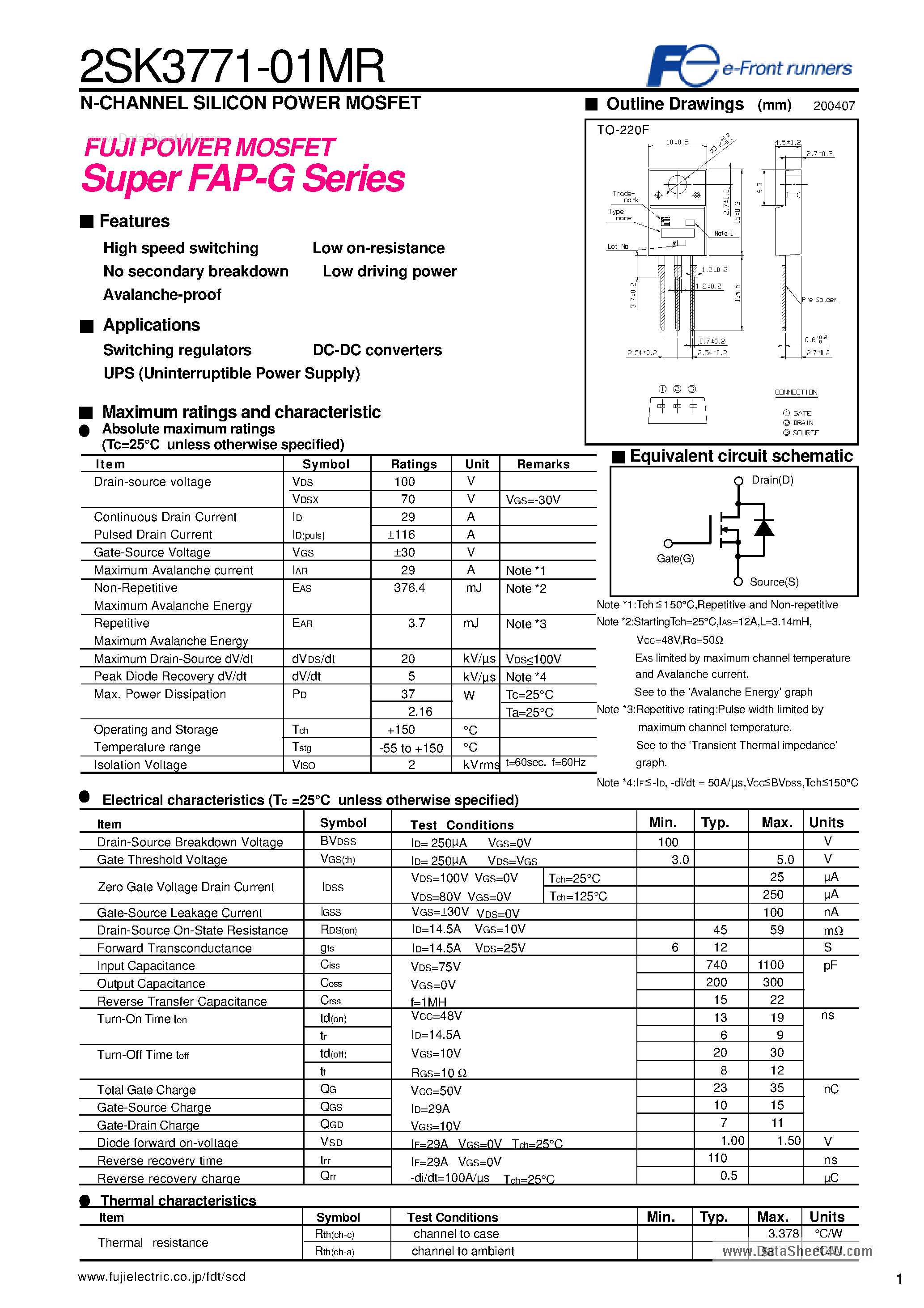 Datasheet 2SK3771-01MR - N-CHANNEL SILICON POWER MOSFET page 1