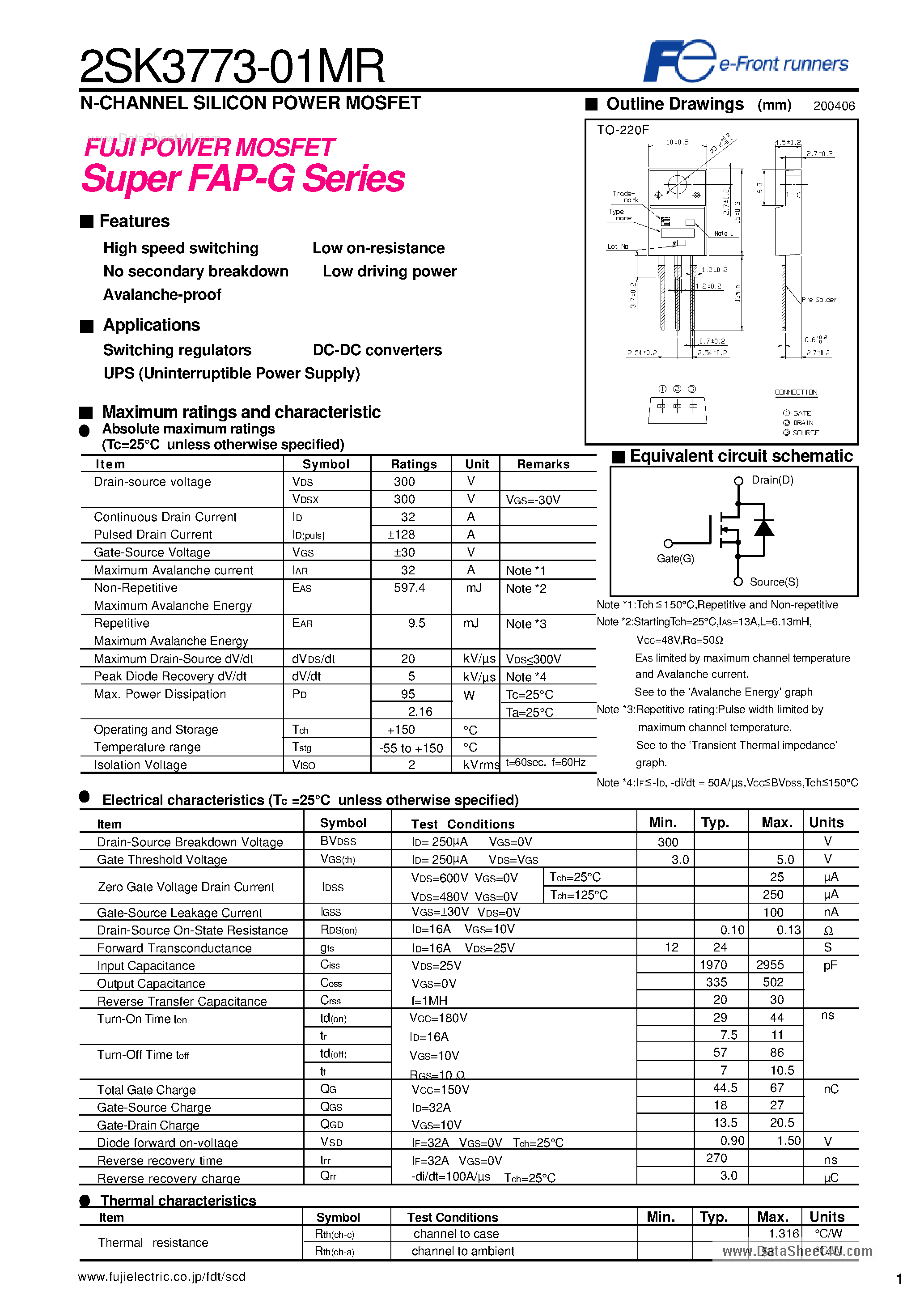 Datasheet 2SK3773-01MR - N-CHANNEL SILICON POWER MOSFET page 1