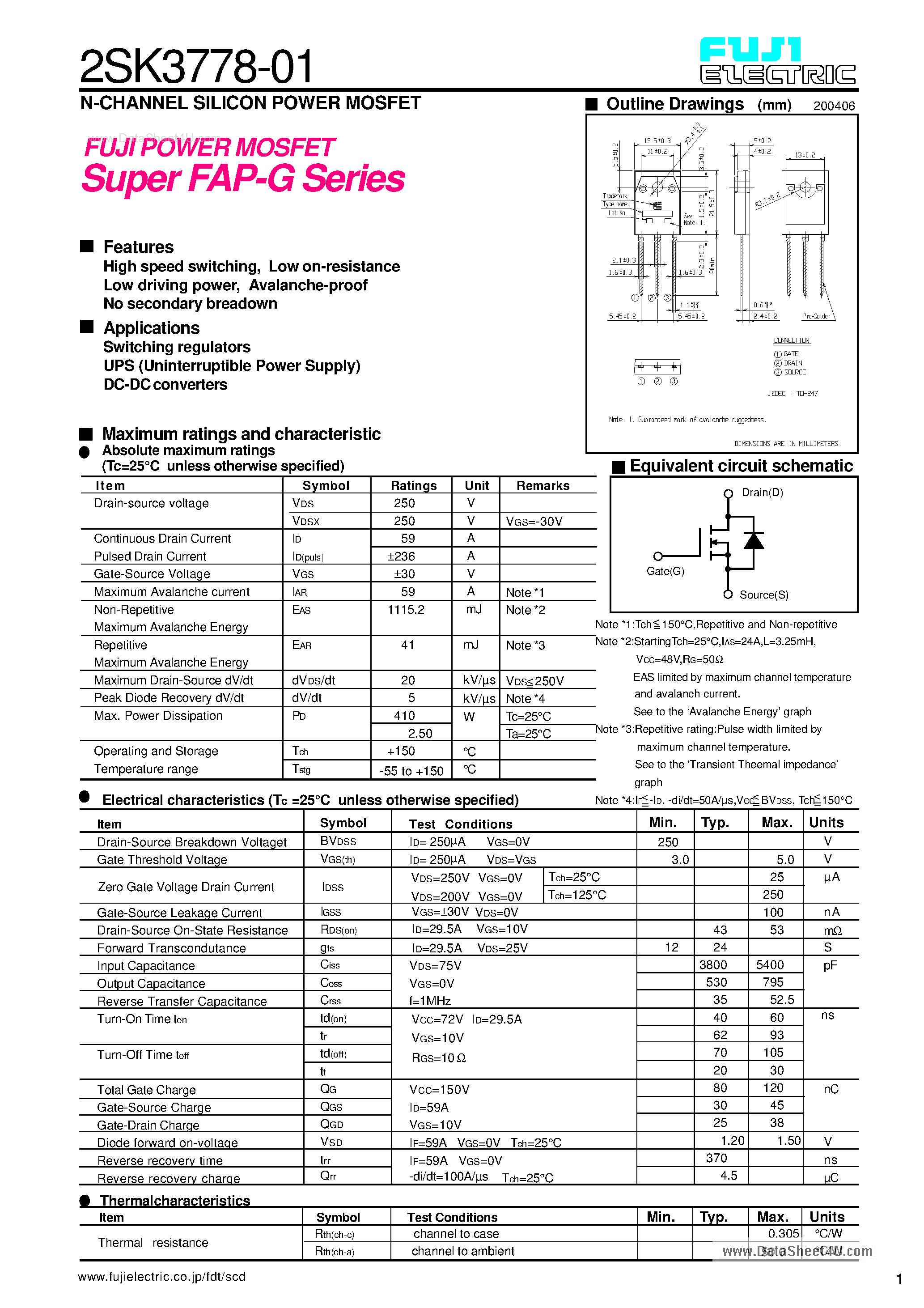 Datasheet 2SK3778-01 - N-CHANNEL SILICON POWER MOSFET page 1