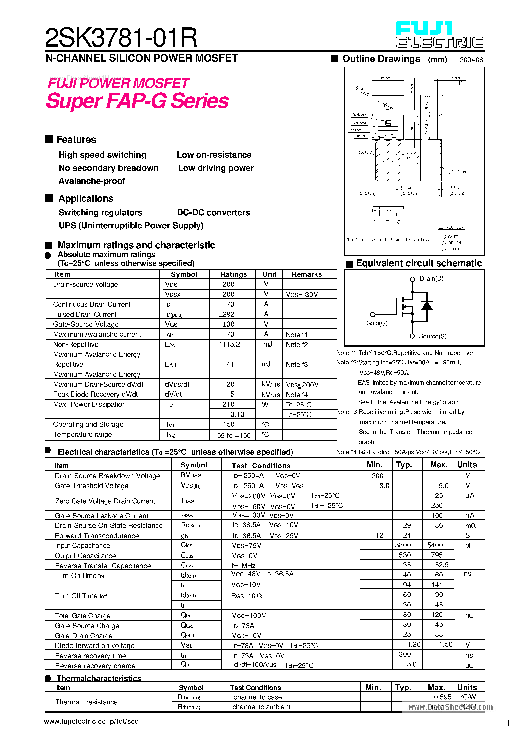 Datasheet 2SK3781-01R - N-CHANNEL SILICON POWER MOSFET page 1