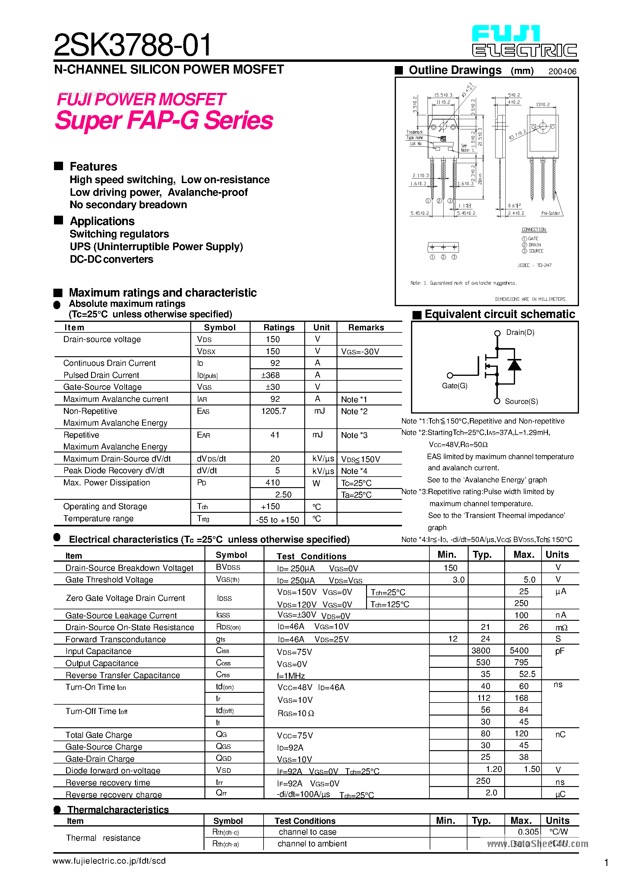 Datasheet 2SK3788-01 - N-CHANNEL SILICON POWER MOSFET page 1