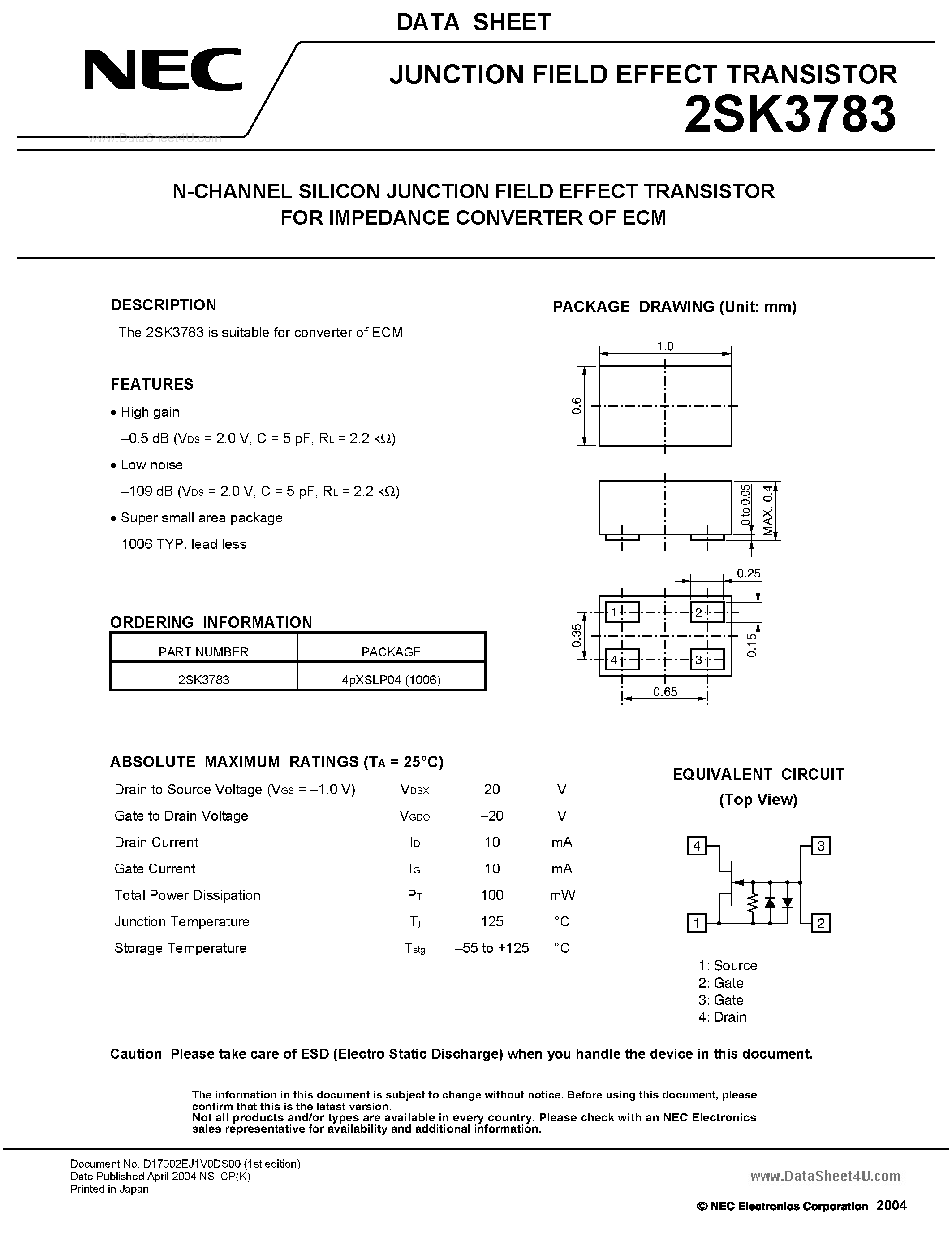 Datasheet 2SK3783 - N-CHANNEL SILICON JUNCTION FIELD EFFECT TRANSISTOR page 1