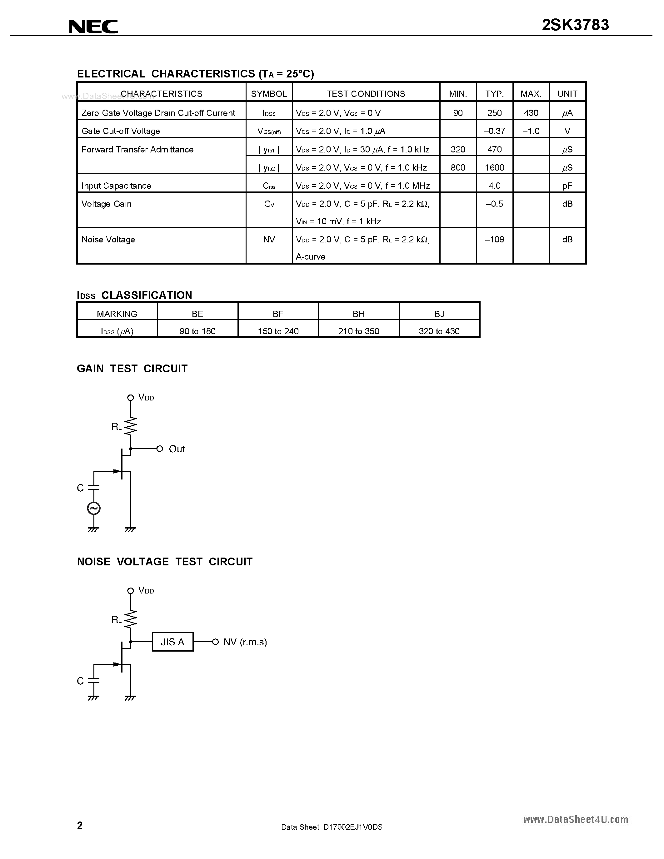 Datasheet 2SK3783 - N-CHANNEL SILICON JUNCTION FIELD EFFECT TRANSISTOR page 2