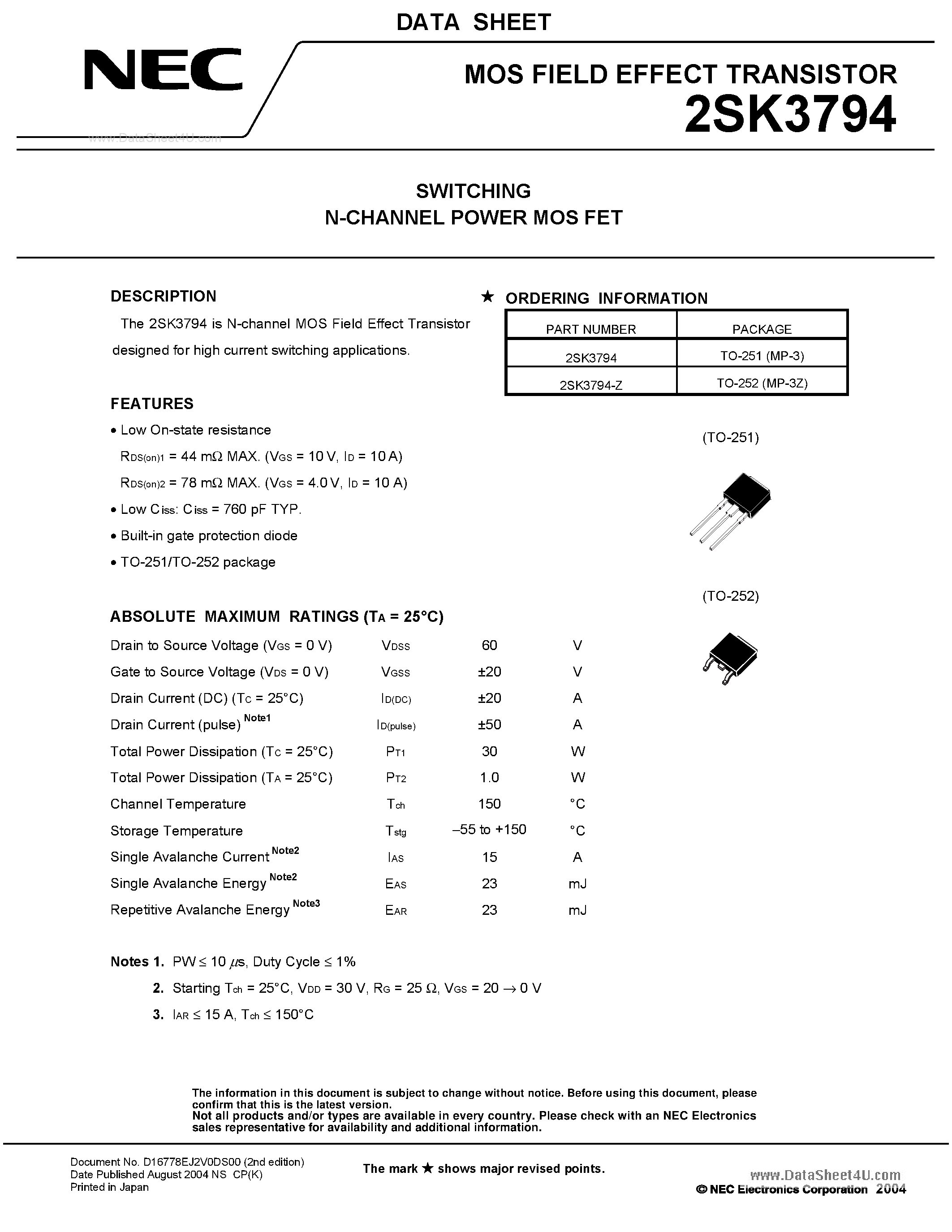 Datasheet 2SK3794 - SWITCHING N-CHANNEL POWER MOSFET page 1