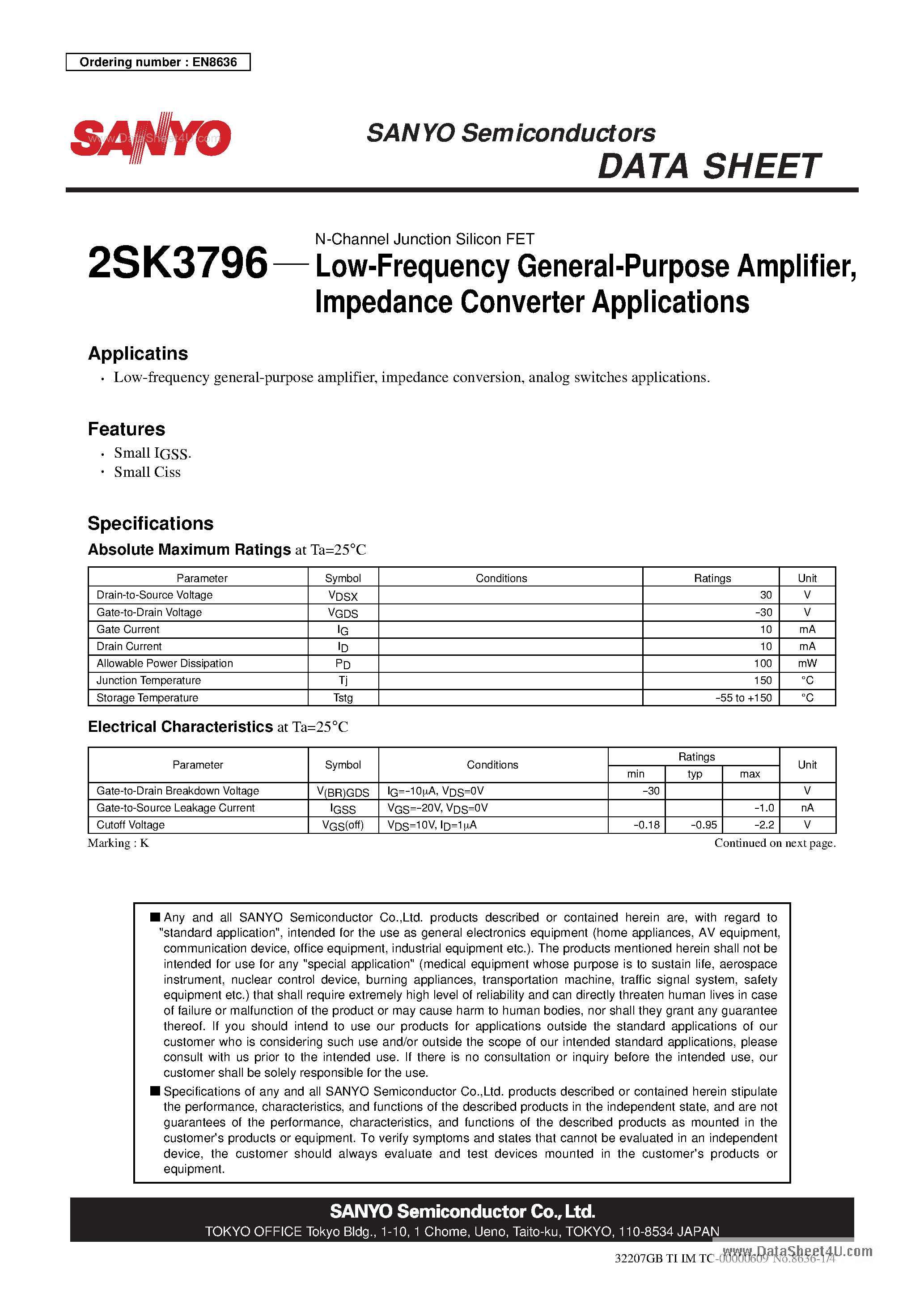 Datasheet 2SK3796 - N-Channel Junction Silicon FET Low-Frequency General-Purpose Amplifier page 1