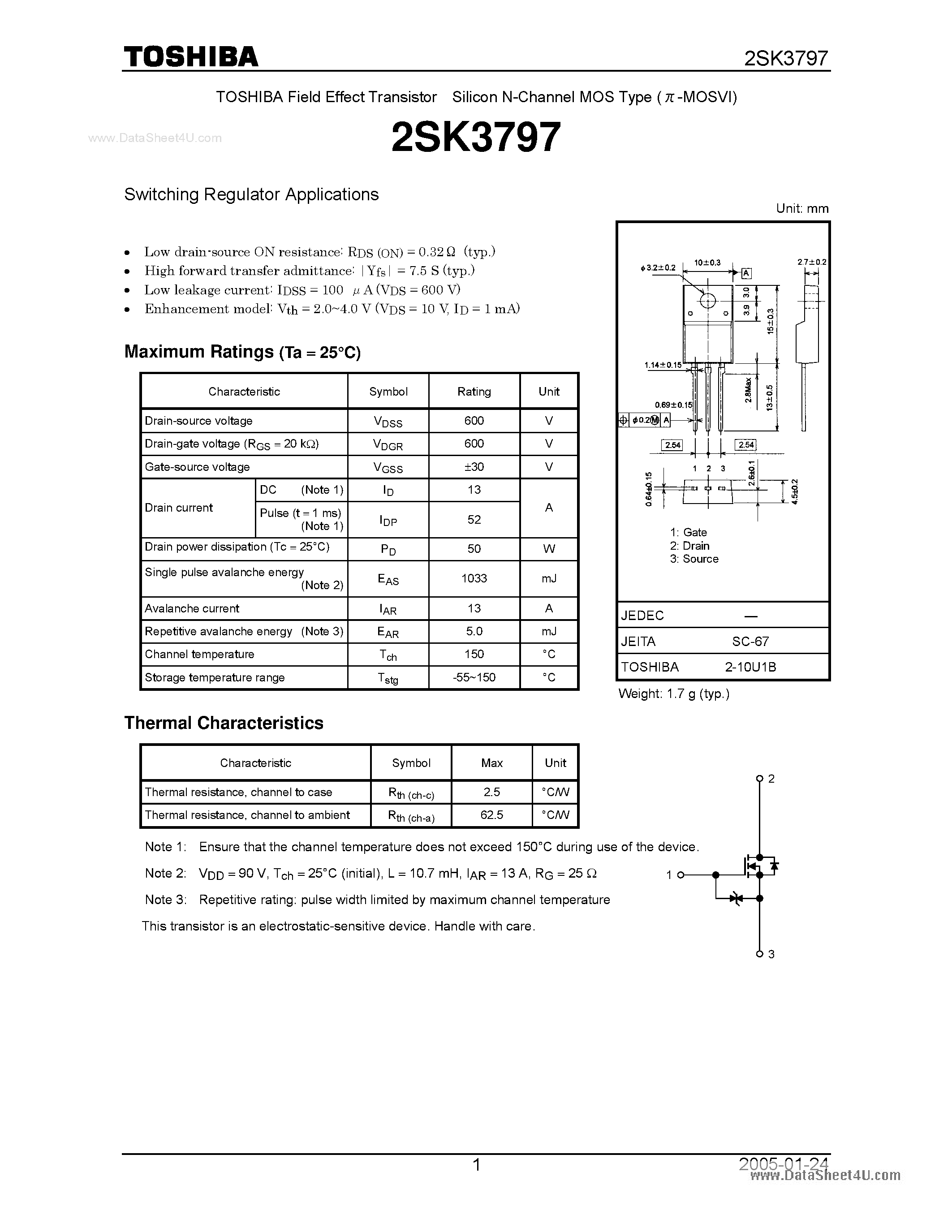 Datasheet 2SK3797 - Silicon N-Channel MOS Type page 1