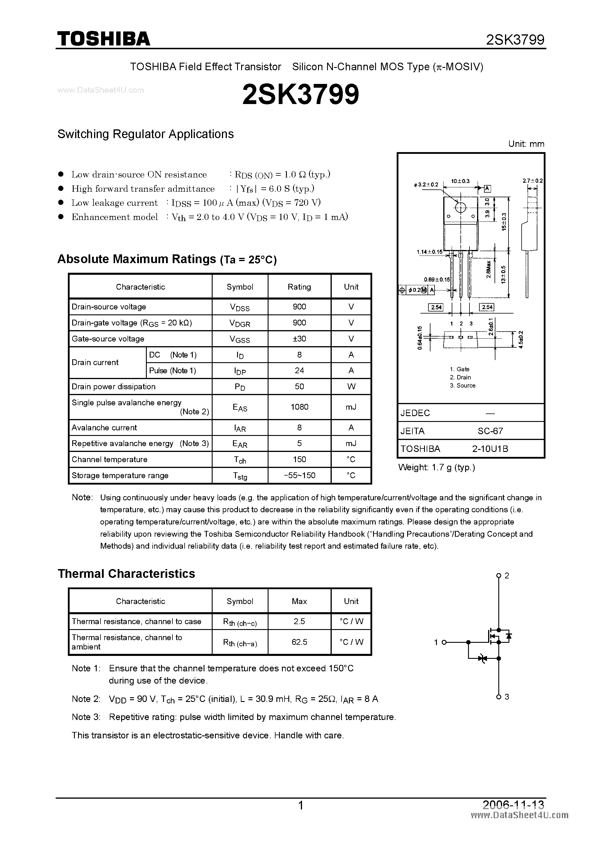 Datasheet 2SK3799 - Silicon N Channel MOS Type Switching Regulator Applications page 1
