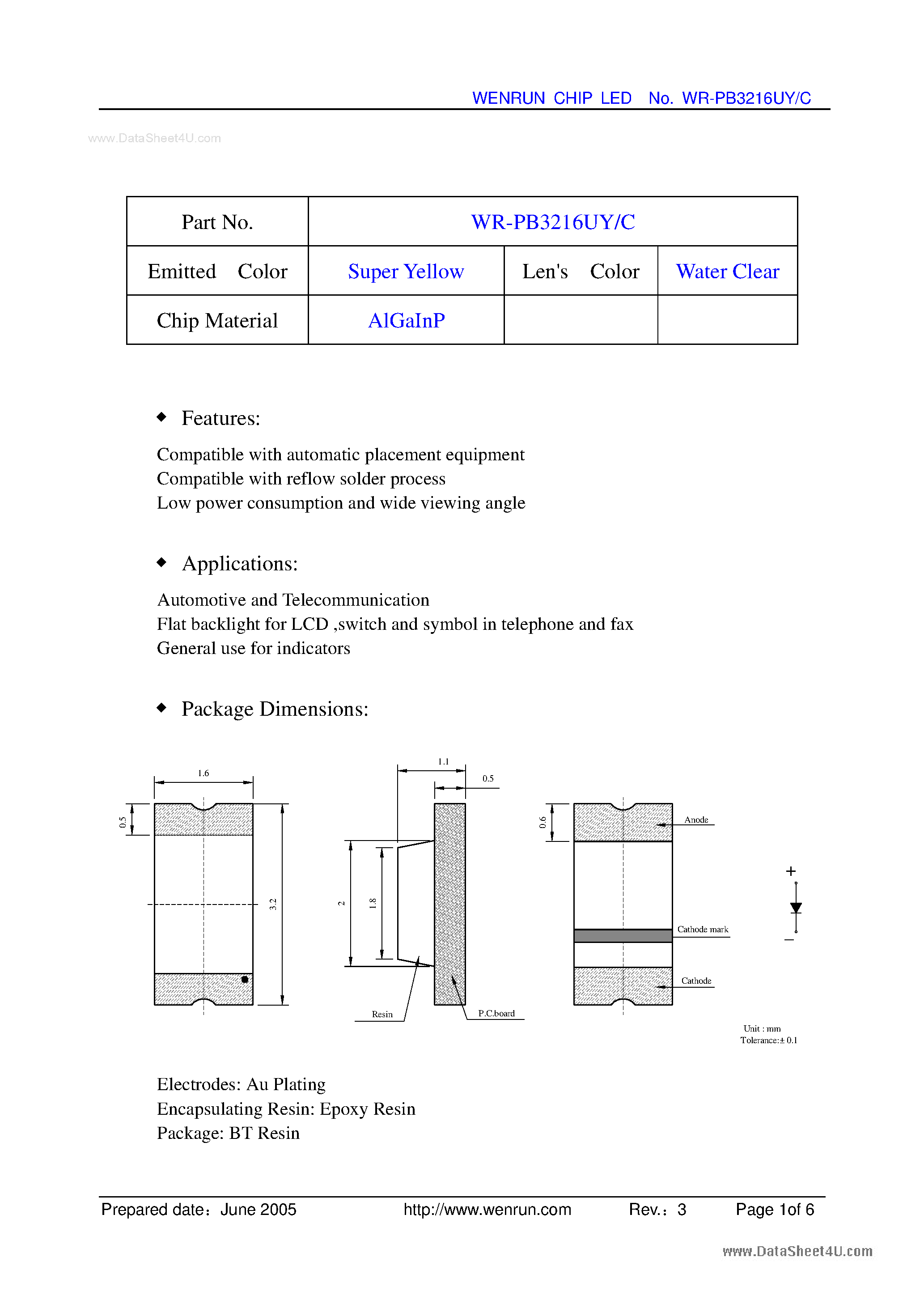 Datasheet WR-PB3216UY/C - Chip LED page 2