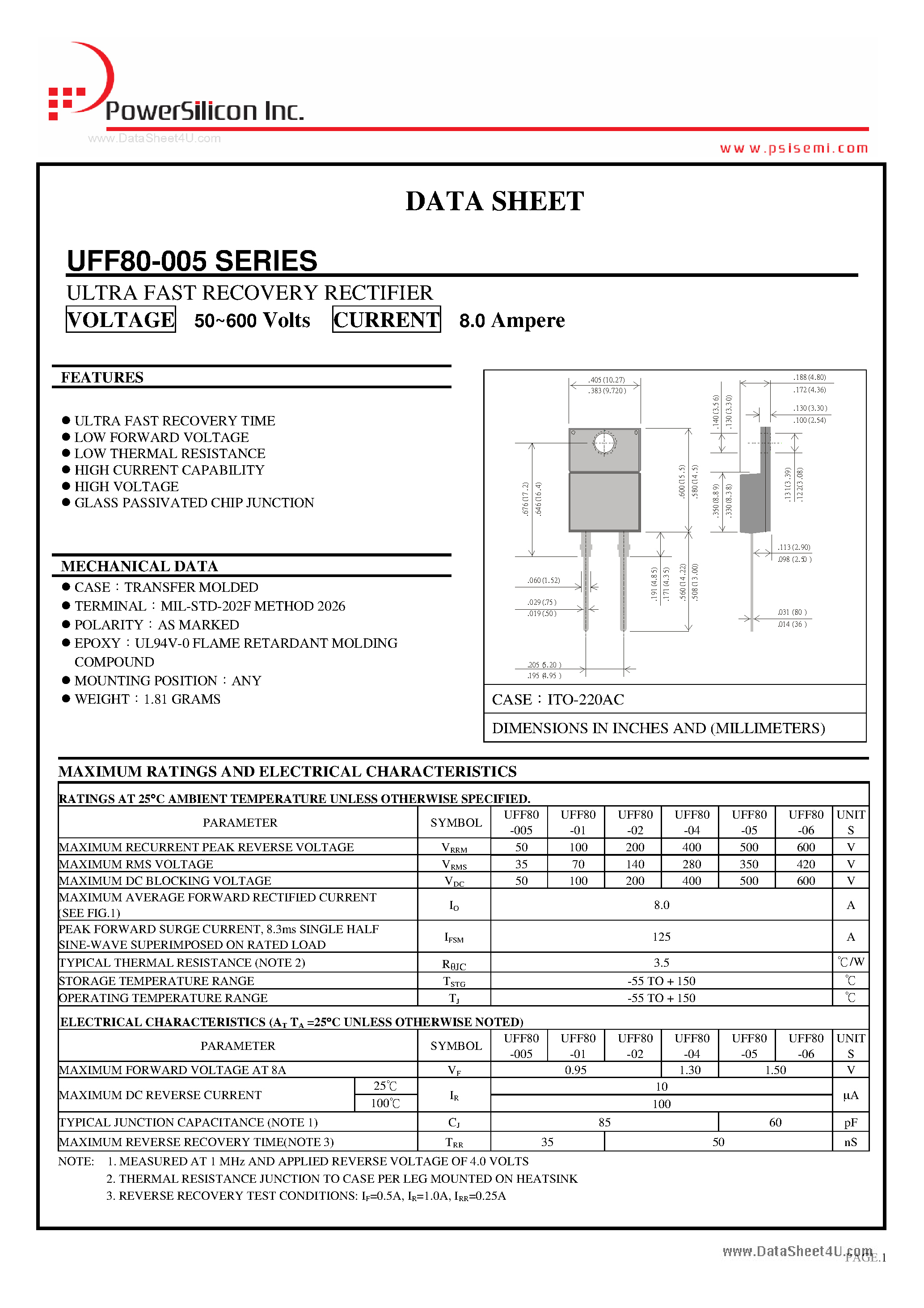 Datasheet UFF80-005 page 1 Datasheet UFF80-005 - Ultra Fast Recovery Rectifier page 1