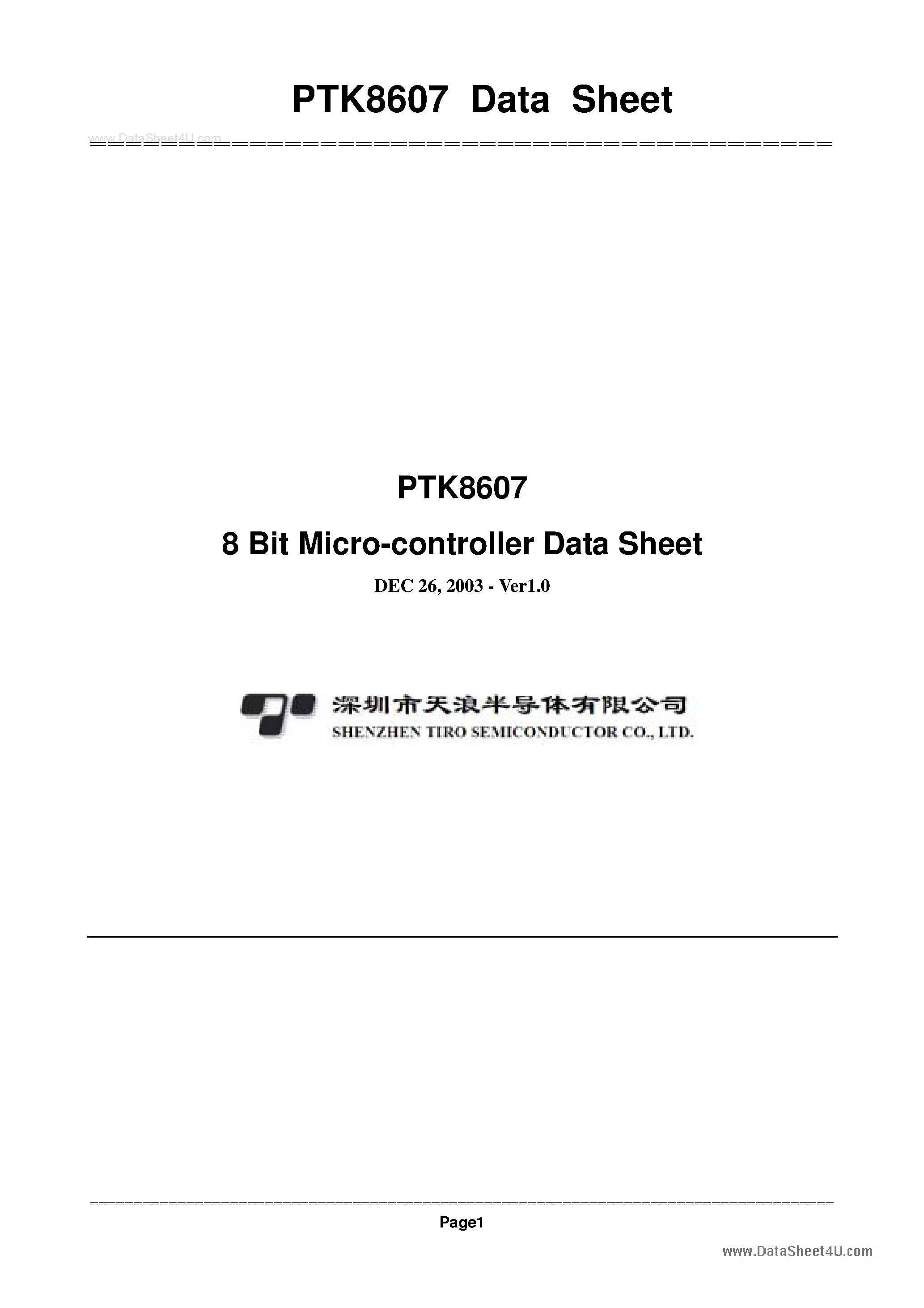 Даташит PTK8607 - 8-Bit Micro-controller страница 1