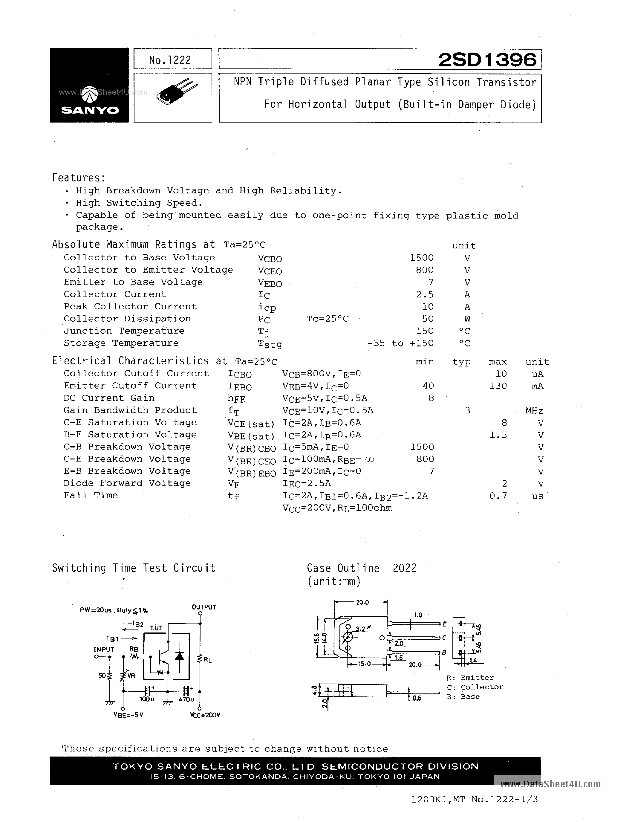 Datasheet 2SD1396 page 1 Datasheet 2SD1396 - NPN TRIPLE DIFFUSED PLANAR TYPE SILICON TRANSISTOR page 1