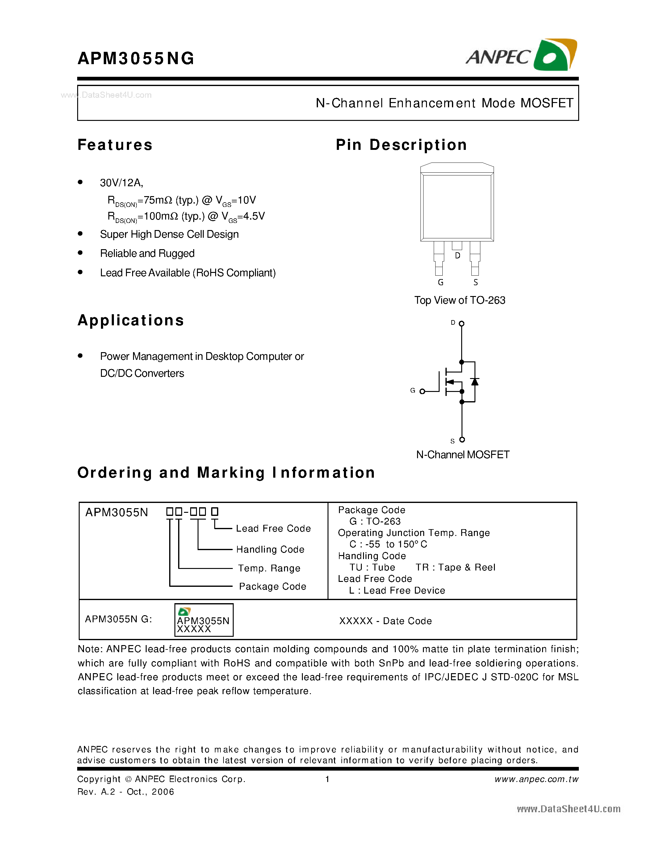 Datasheet APM3055NG - N-Channel Enhancement Mode MOSFET page 1