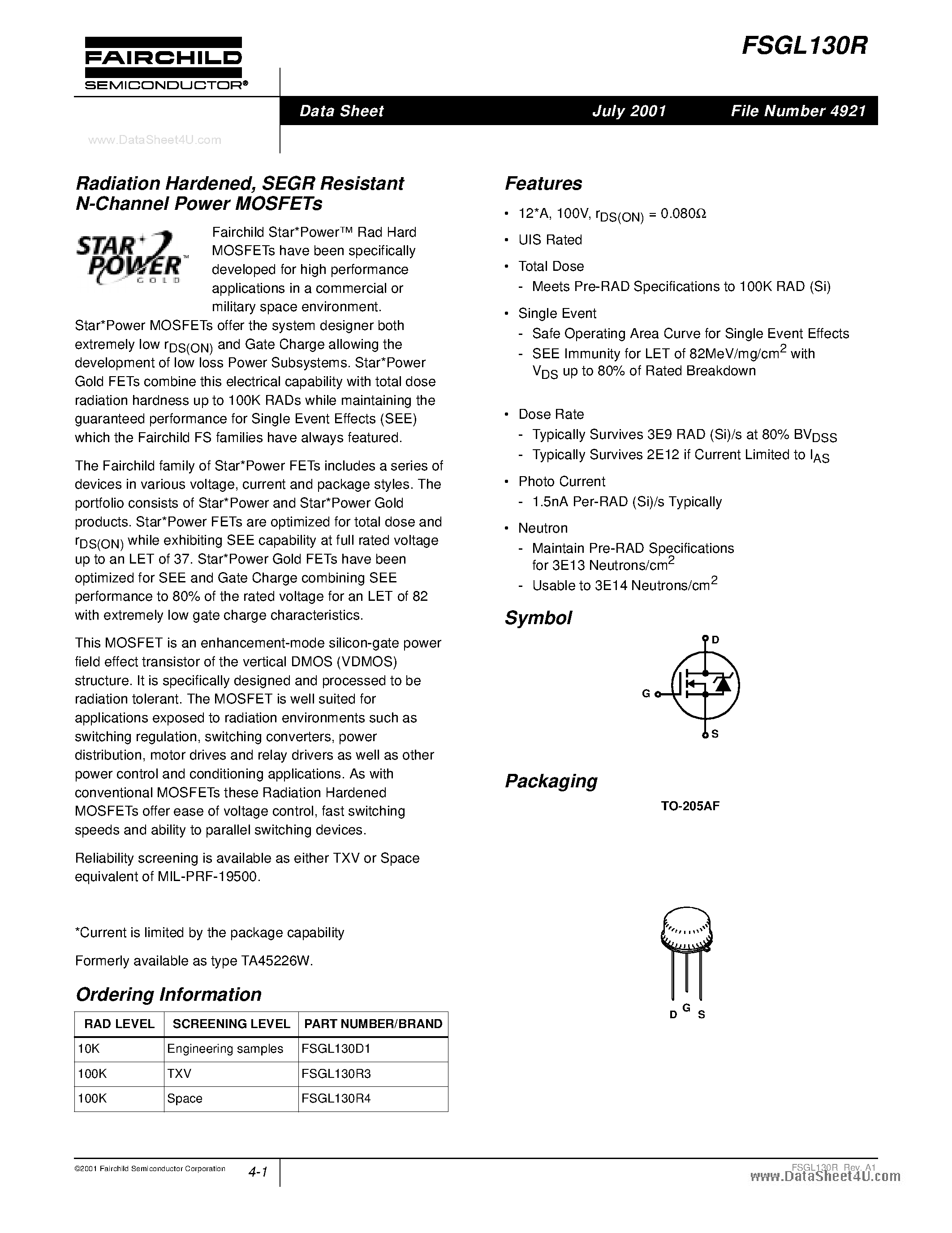 Datasheet FSGL130R - Radiation Hardened / SEGR Resistant N-Channel Power MOSFET page 1