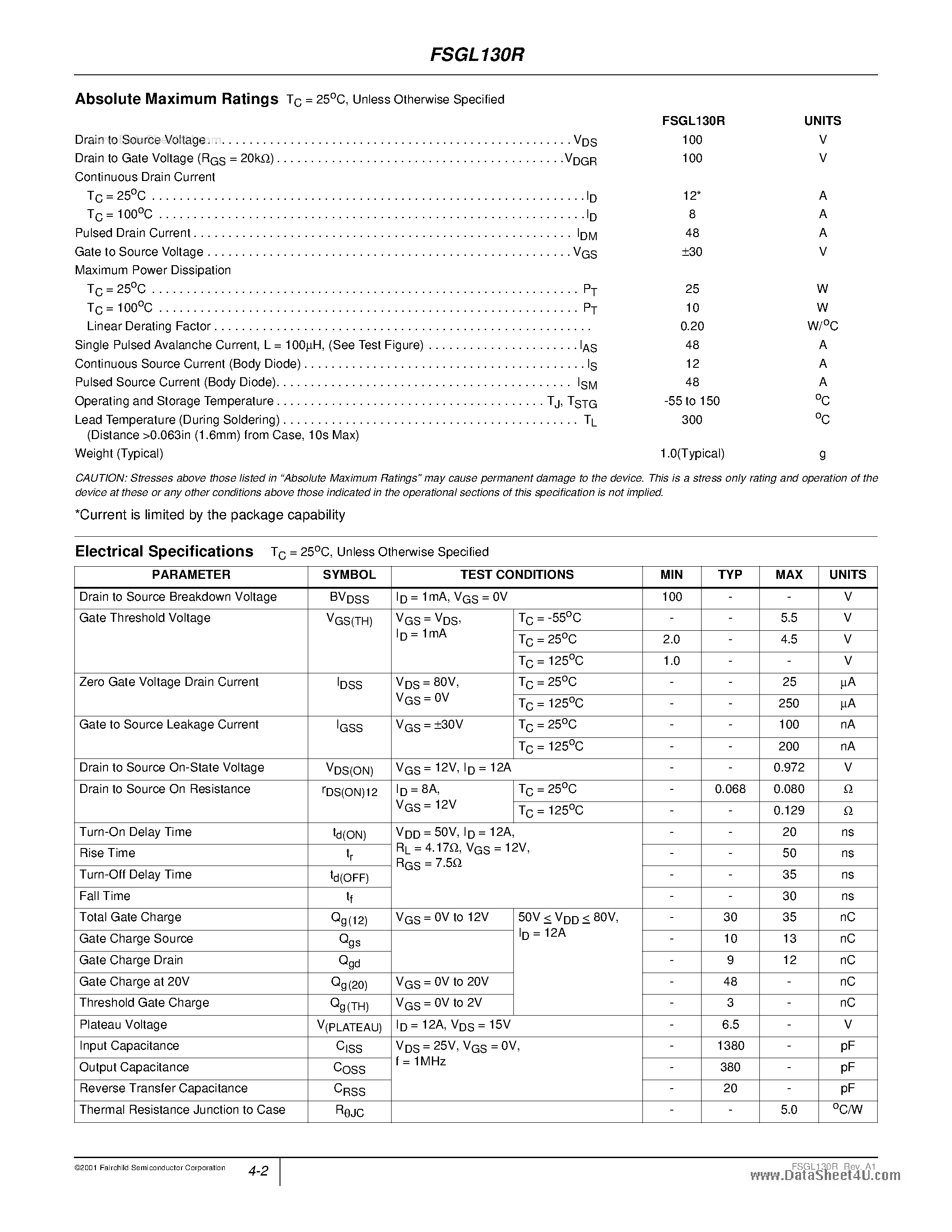 Datasheet FSGL130R - Radiation Hardened / SEGR Resistant N-Channel Power MOSFET page 2