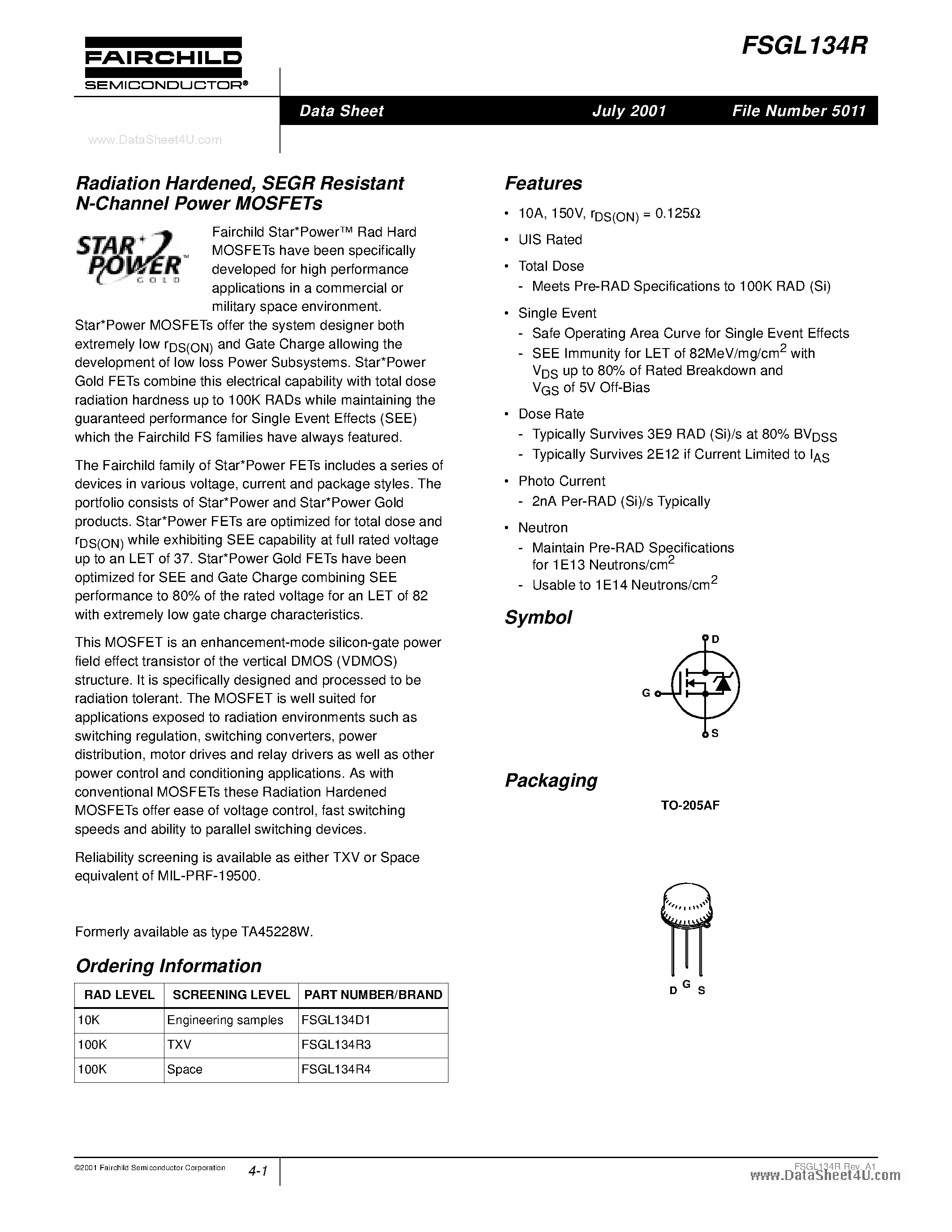 Datasheet FSGL134R - Radiation Hardened / SEGR Resistant N-Channel Power MOSFET page 1