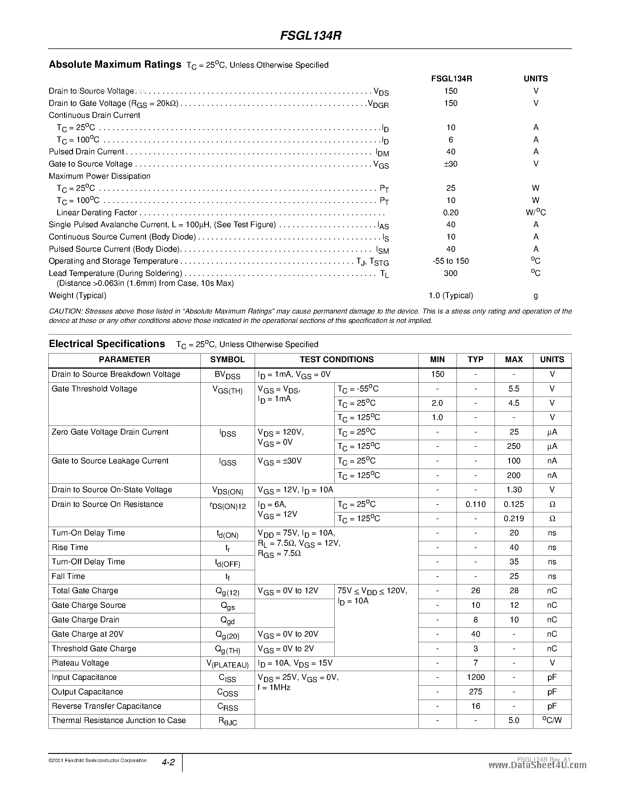 Datasheet FSGL134R - Radiation Hardened / SEGR Resistant N-Channel Power MOSFET page 2
