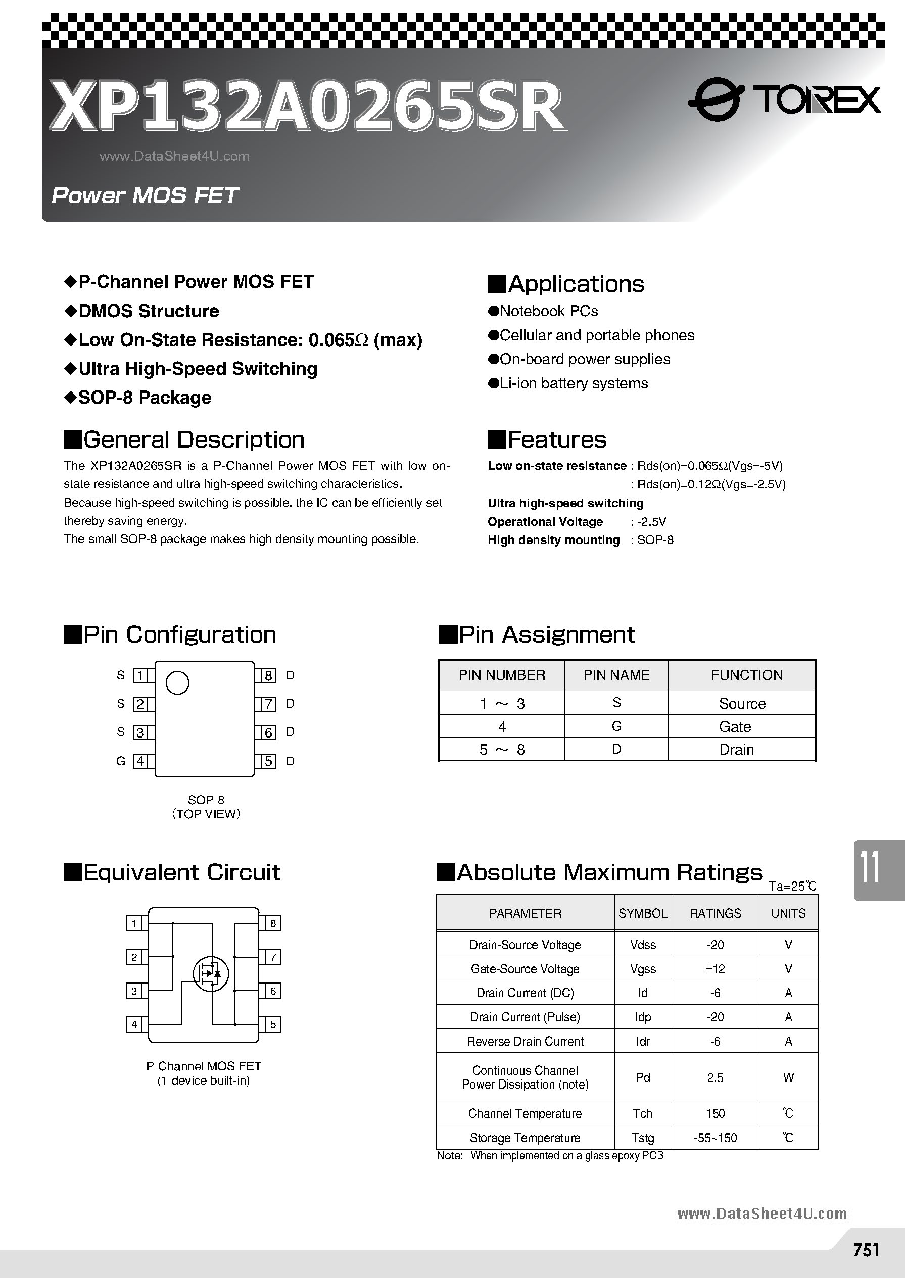 Datasheet XP132A0265SR - P-Channel Power MOS FET page 1