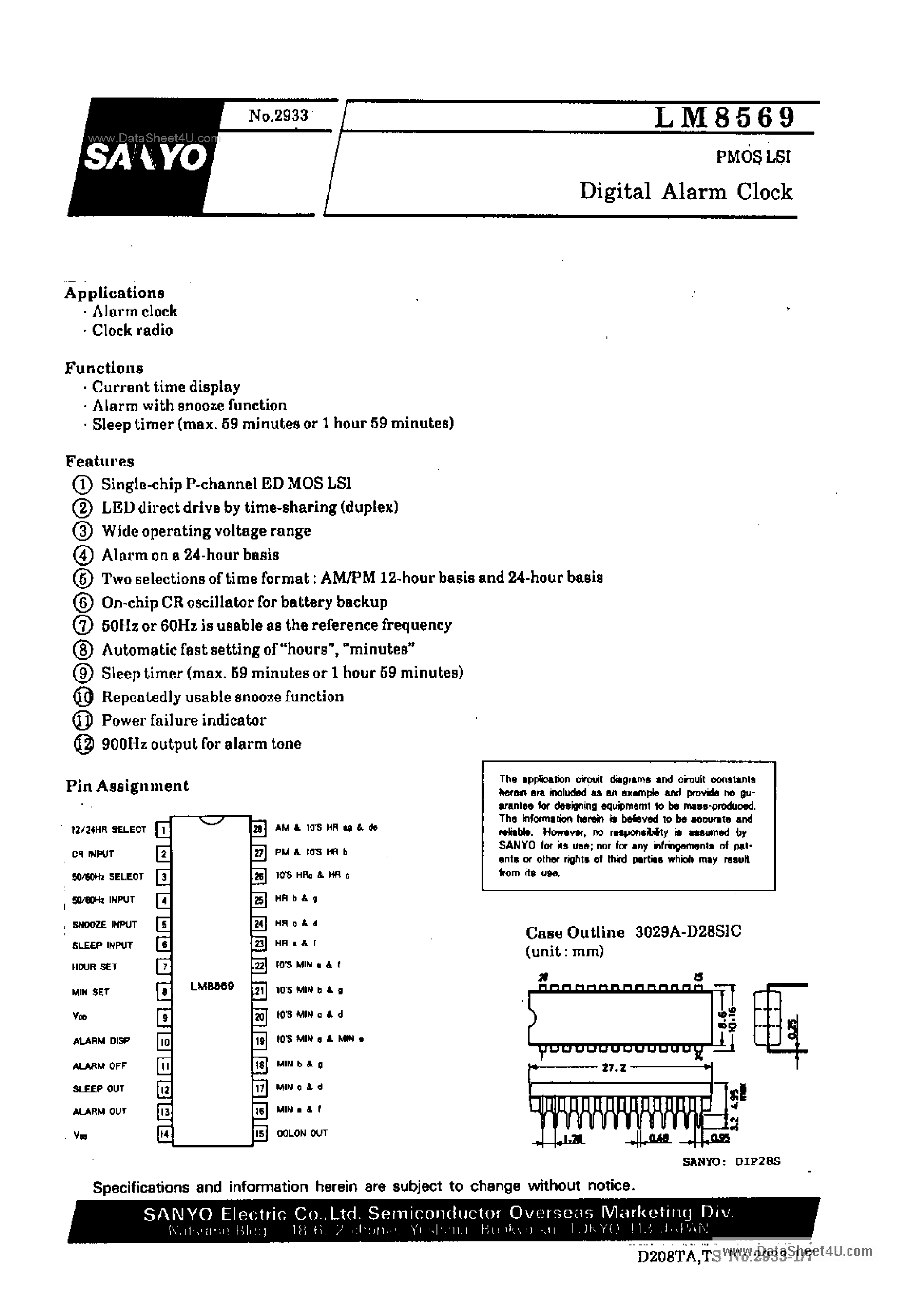Datasheet LM8569 - Digital Alarm Clock page 1
