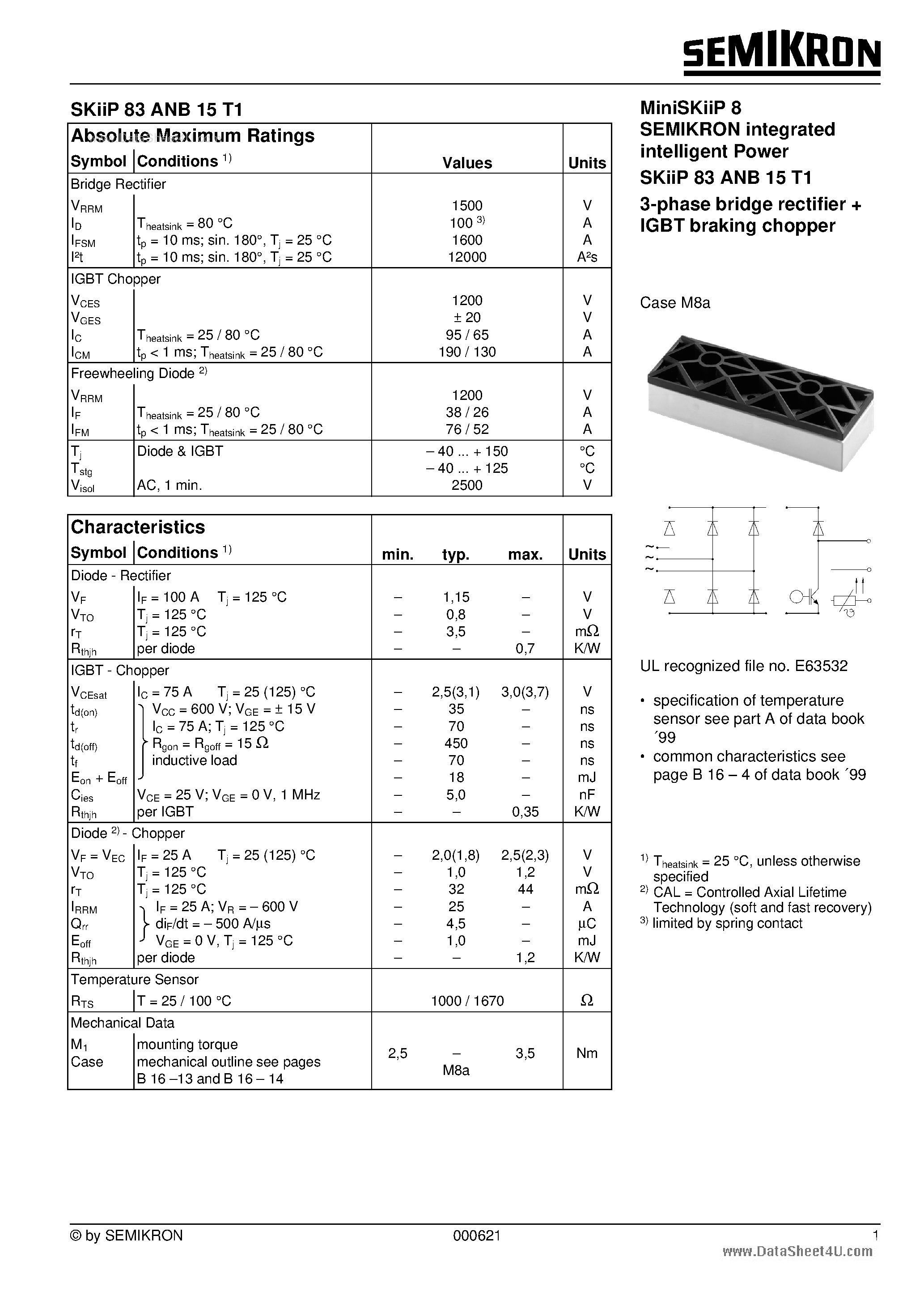Datasheet SKIIP83ANB15T1 - Miniskiip 8 Semikron Integrated Intelligent Power 3-phase Bridge Rectifier + Igbt Braking Chopper page 1