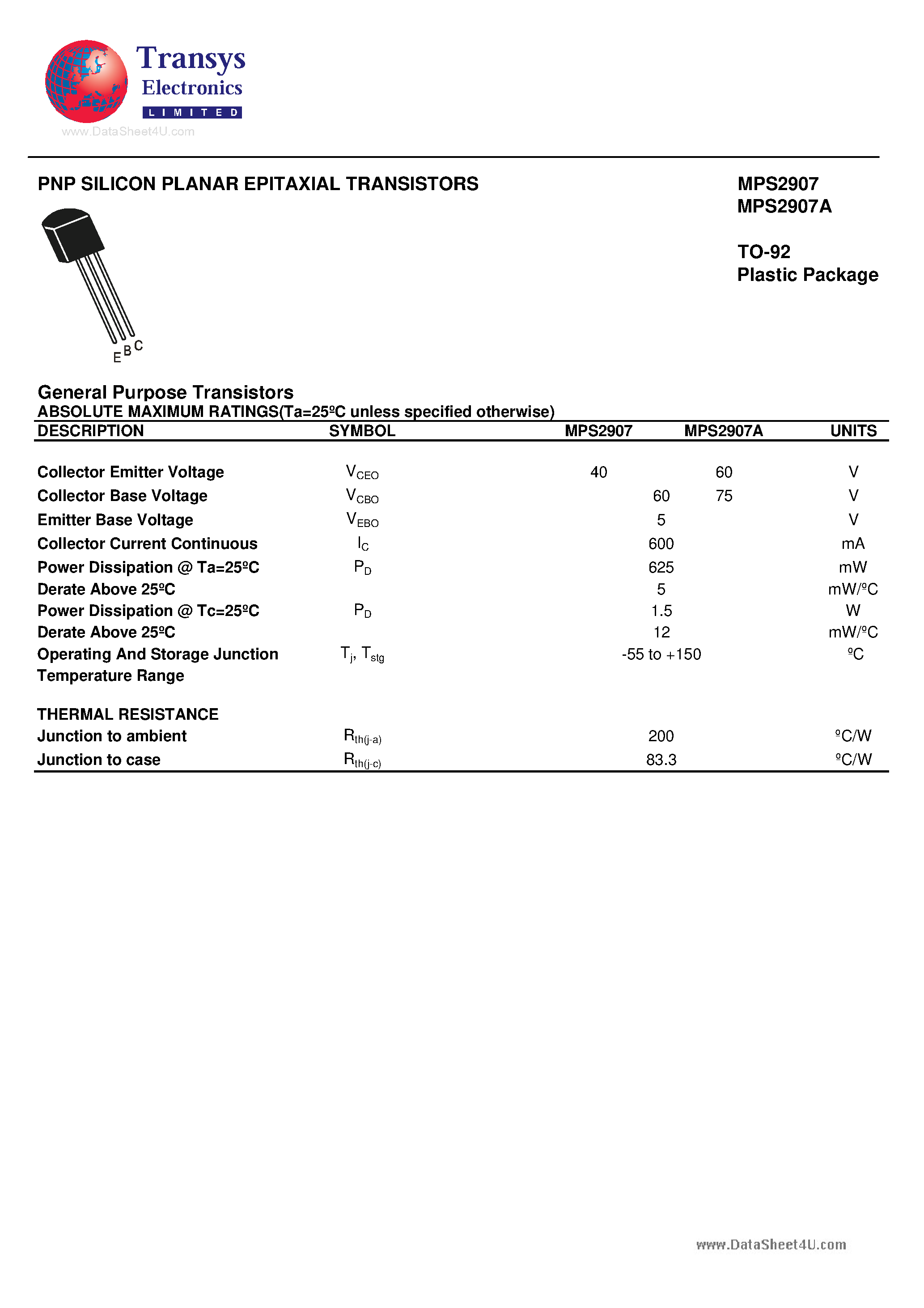 Datasheet MPS2907 page 1 Datasheet MPS2907 - PNP SILICON PLANAR EPITAXIAL TRANSISTORS page 1