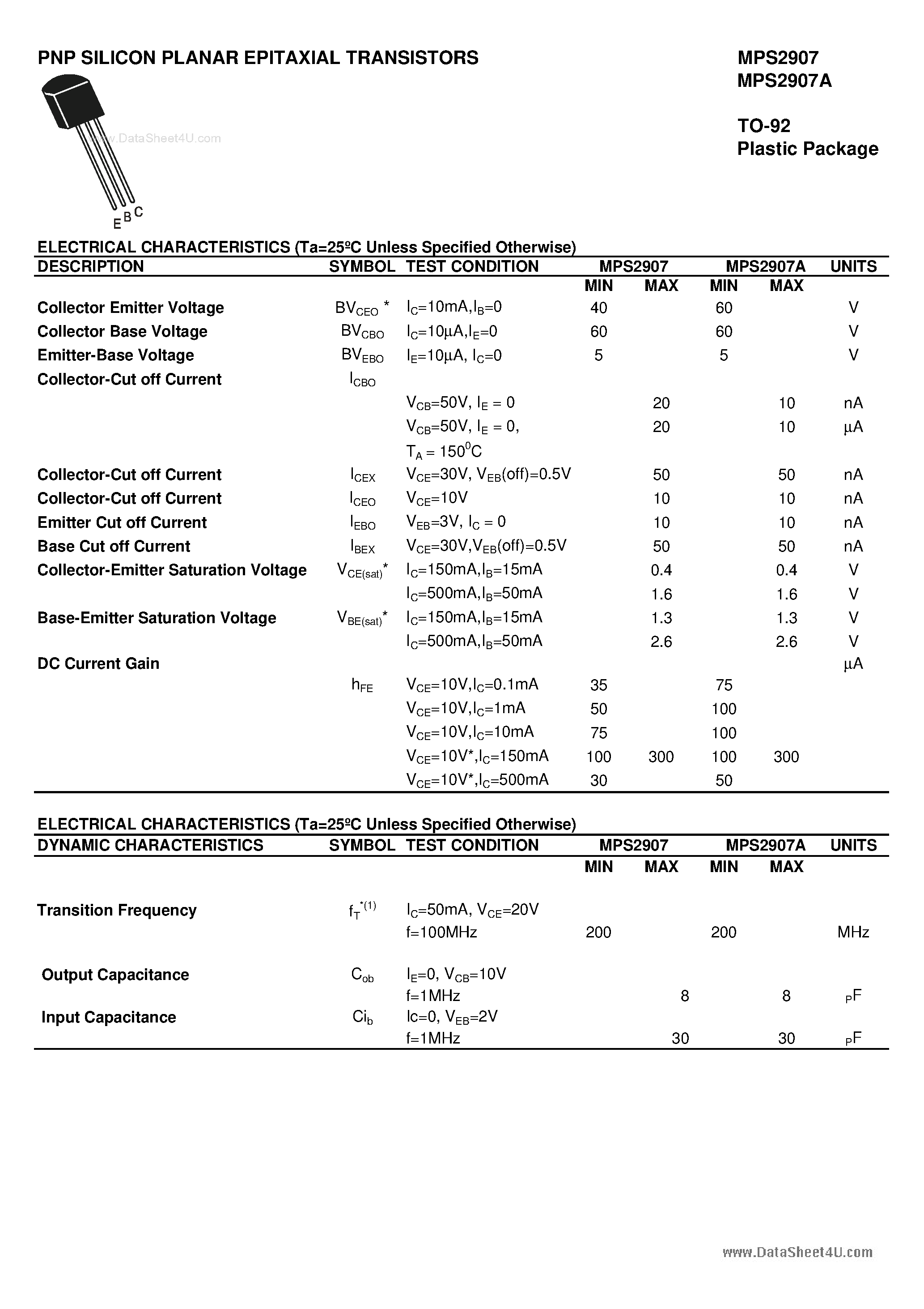 Datasheet MPS2907 page 2 Datasheet MPS2907 - PNP SILICON PLANAR EPITAXIAL TRANSISTORS page 2