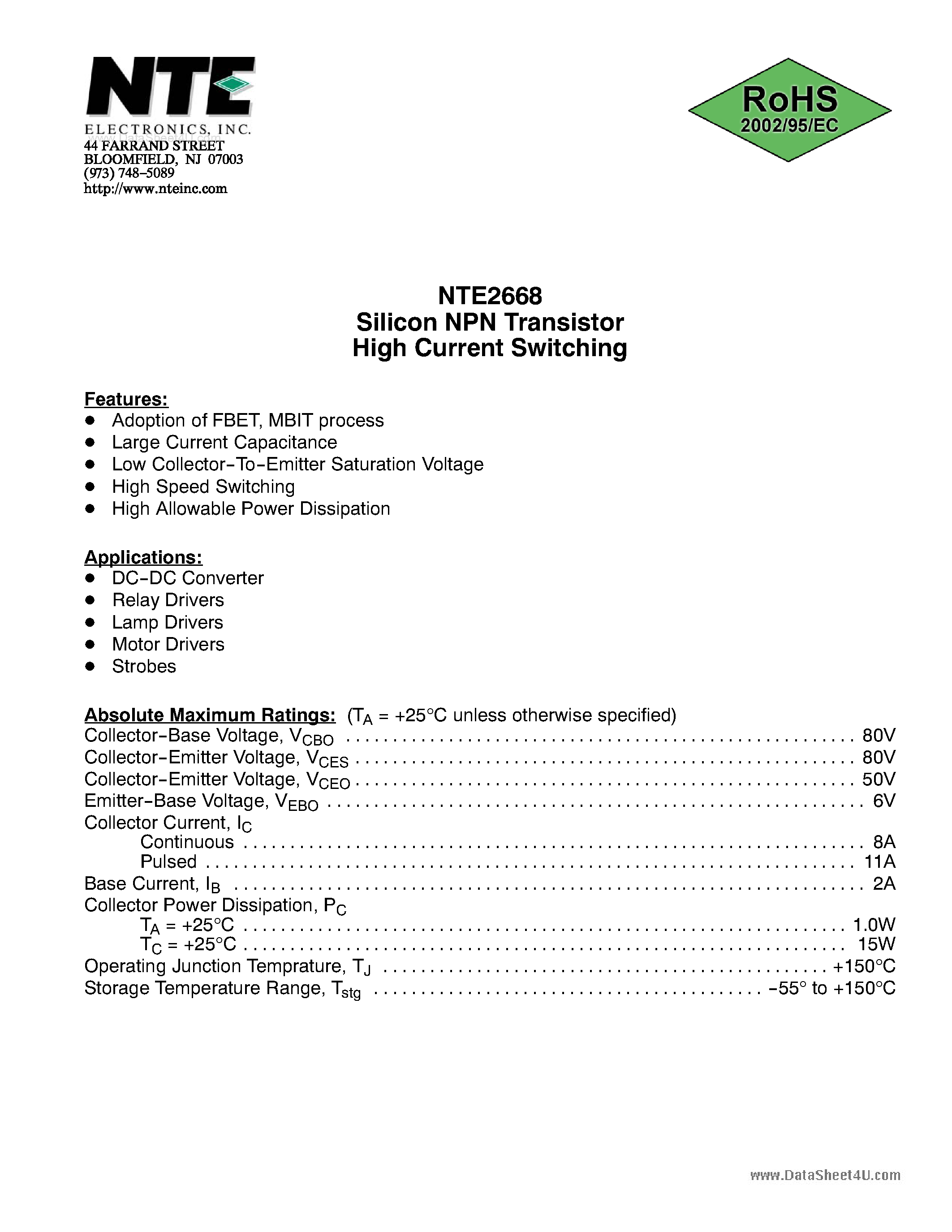 Datasheet NTE2668 page 1 Datasheet NTE2668 - Silicon NPN Transistor High Current Switching page 1