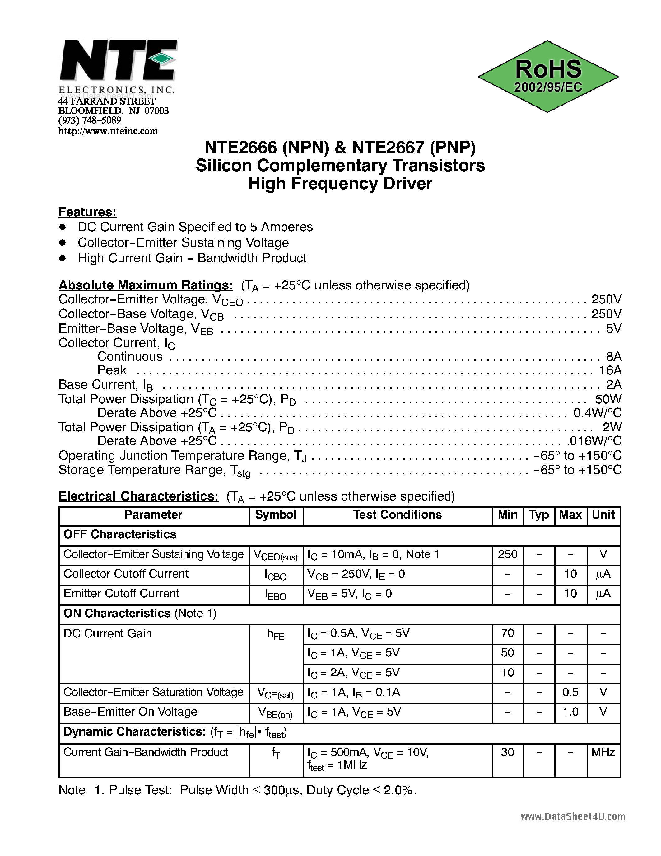 Datasheet NTE2666 - (NTE2666 / NTE2667) Silicon Complementary Transistors page 1