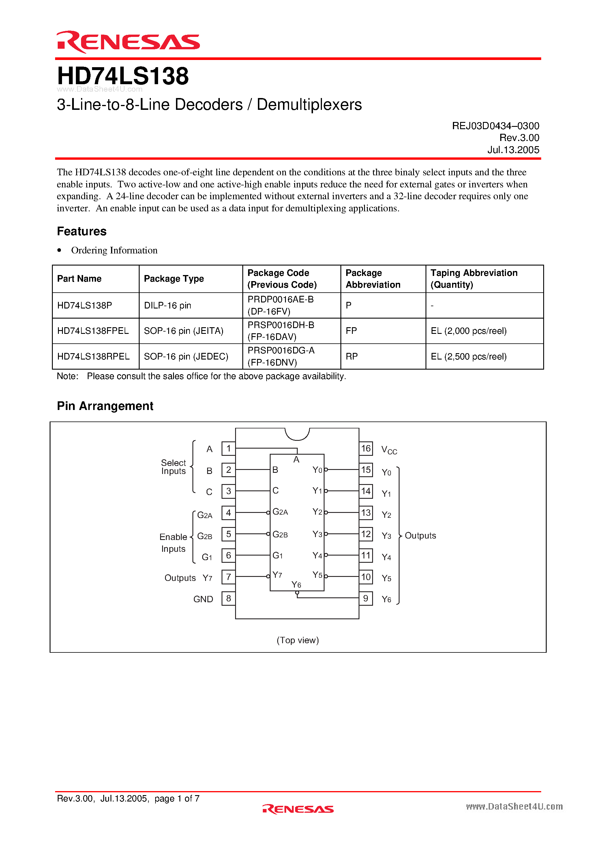 Даташит HD74LS138 - 3-Line-to-8-Line Decoders / Demultiplexers страница 1