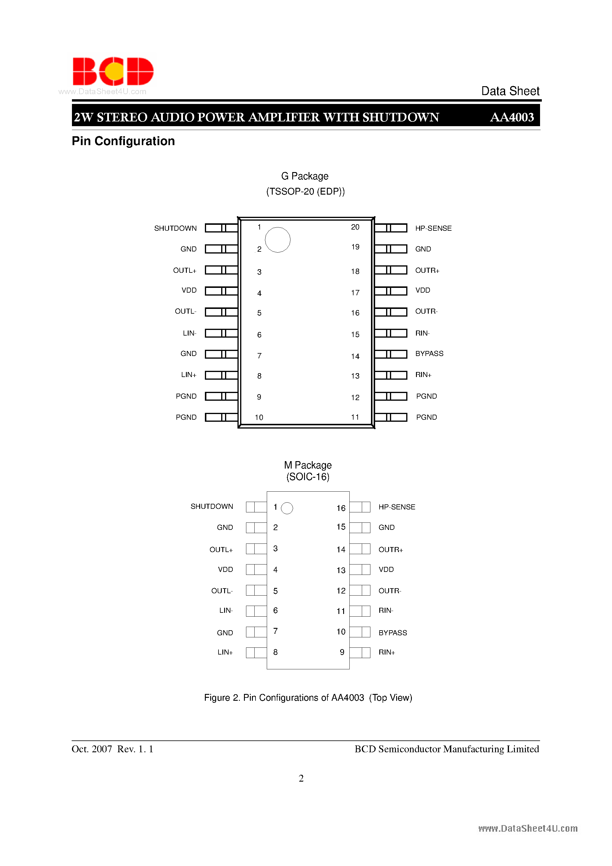 Даташит AA4003 - 2W STEREO AUDIO POWER AMPLIFIER страница 2