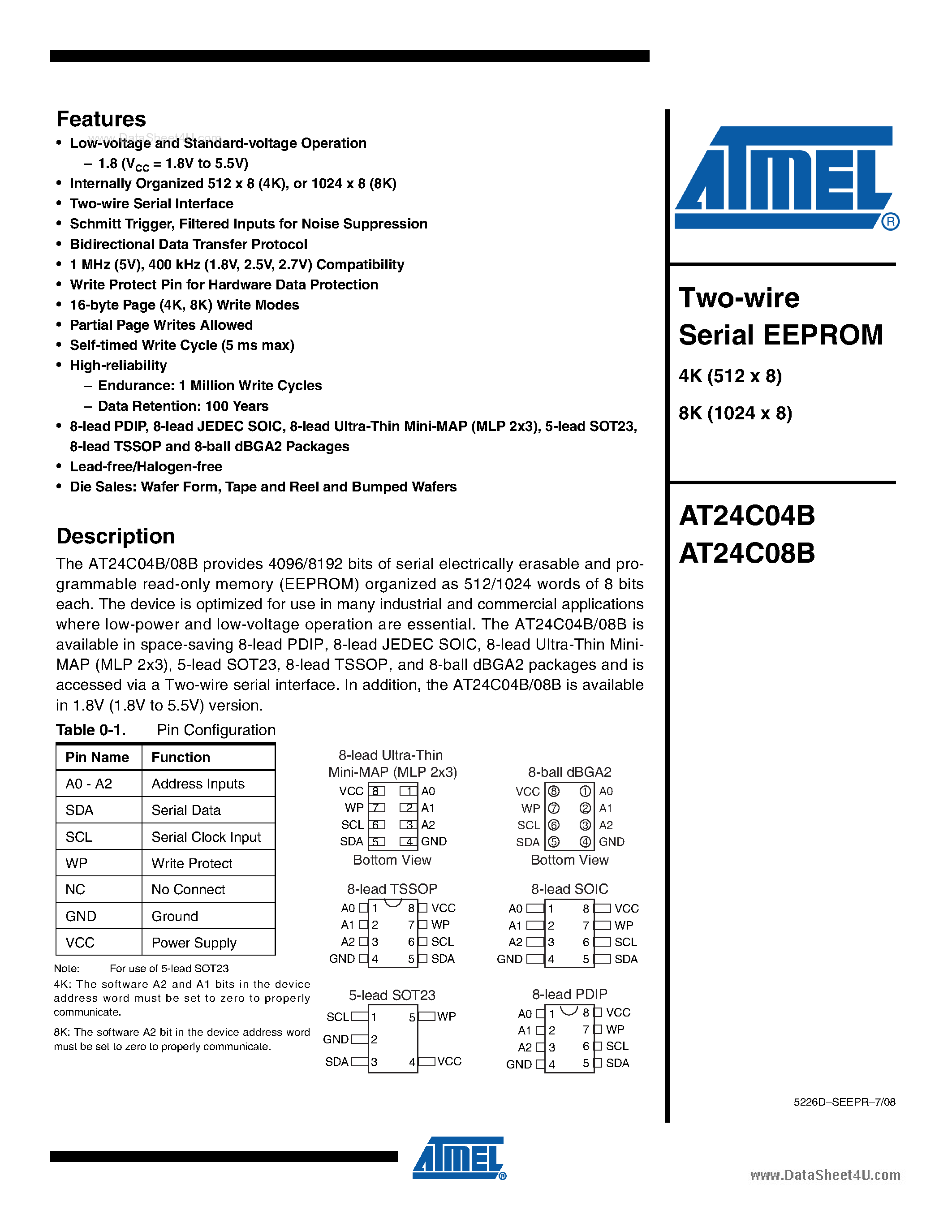 Datasheet AT24C04B - (AT24C04B / AT24C08B) Two-wire Serial EEPROM 4K (512 x 8) 8K (1024 x 8) page 1