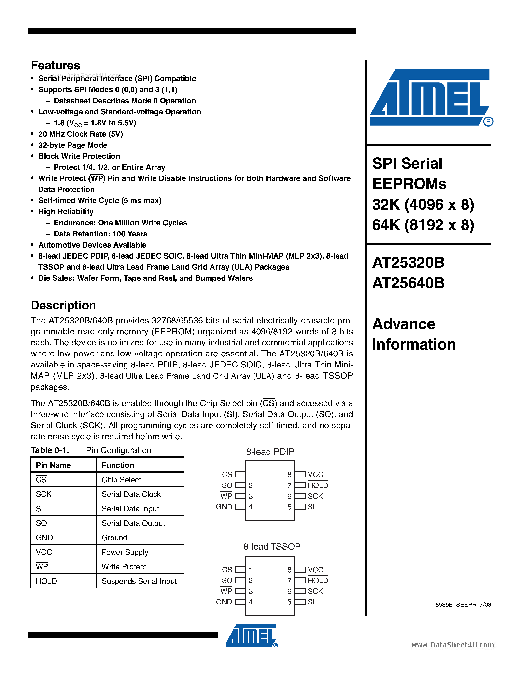 Datasheet AT25320B - (AT25320B / AT25640B) SPI Serial EEPROMs 32K / 64K page 1