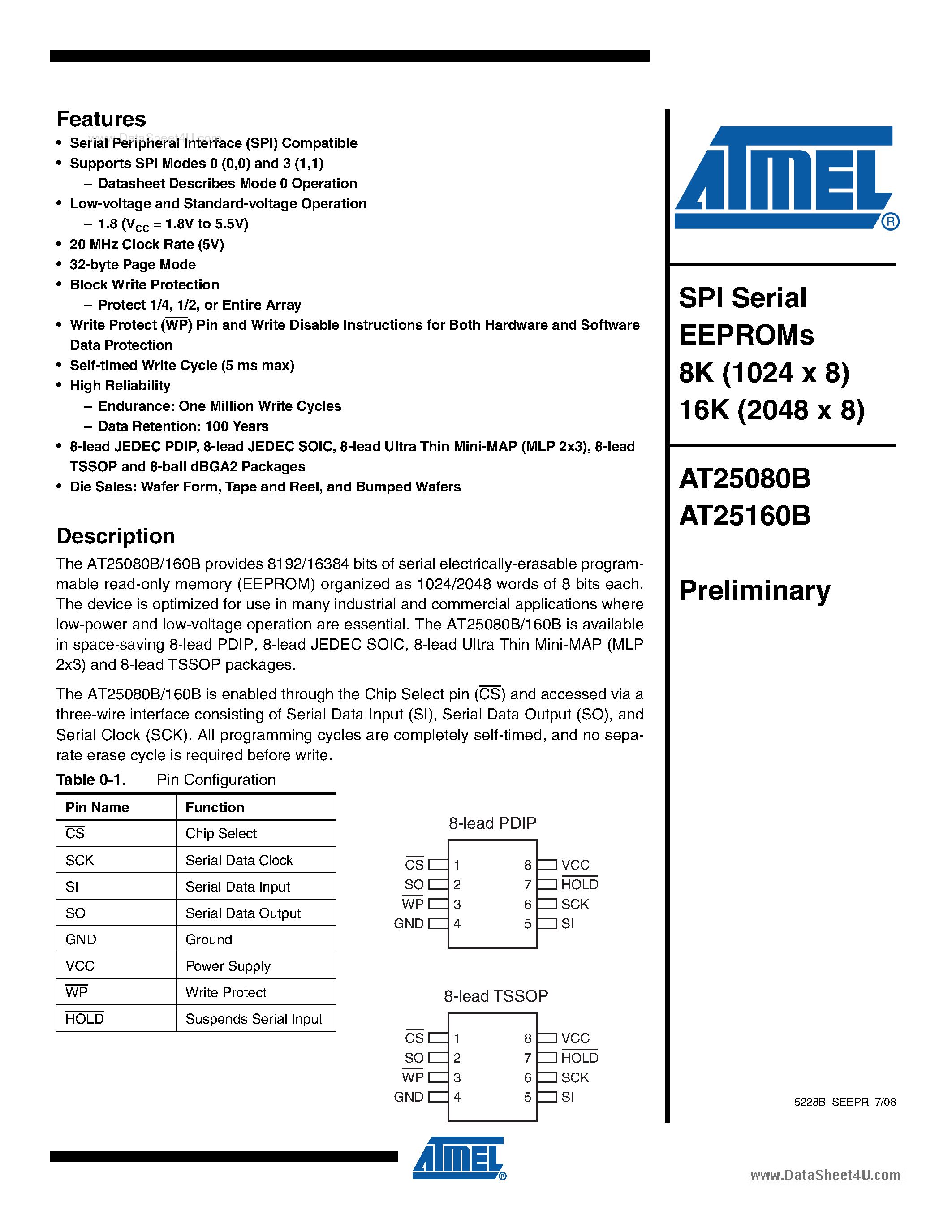 Datasheet AT25080B - (AT25080B / AT25160B) SPI Serial EEPROMs 8K (1024 x 8) 16K (2048 x 8) page 1