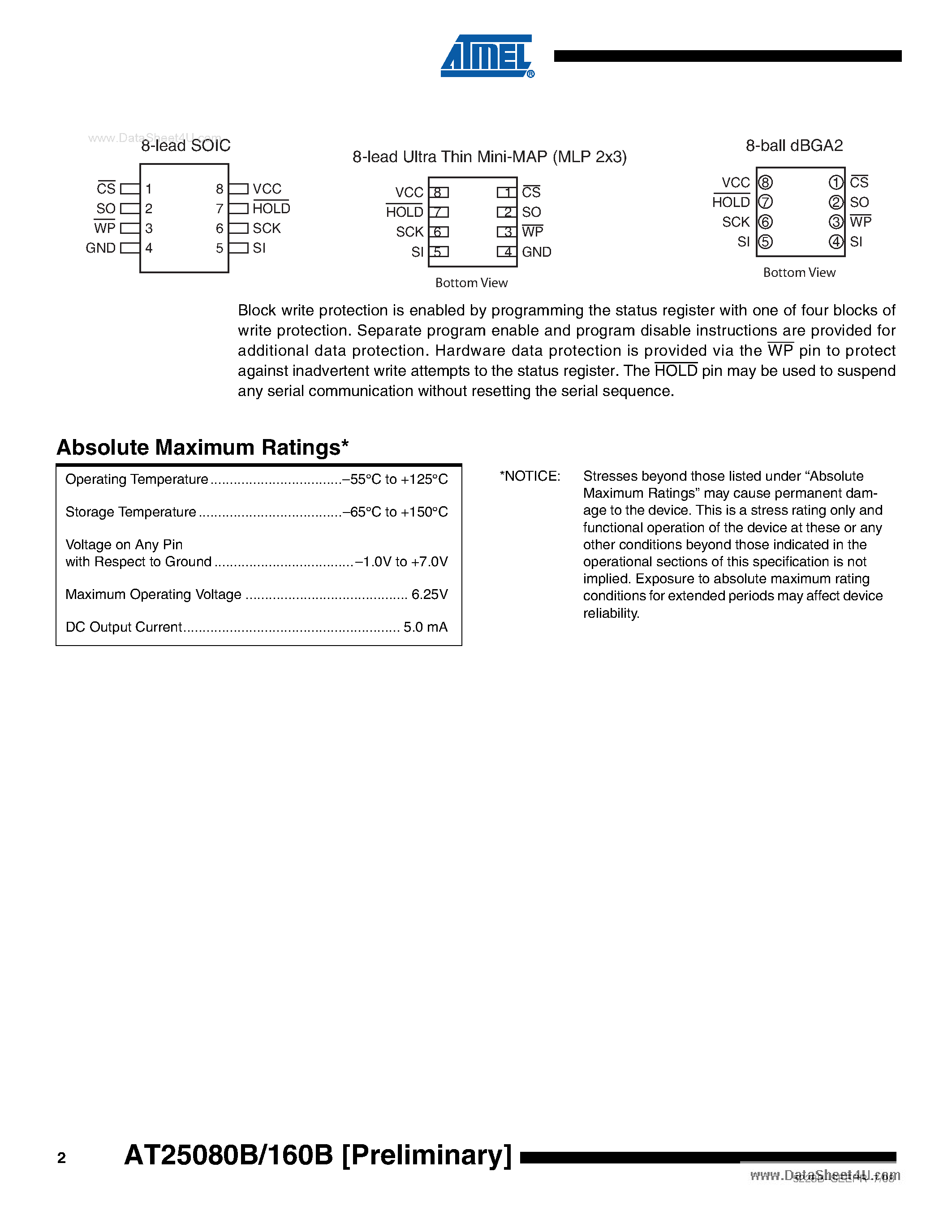 Datasheet AT25080B - (AT25080B / AT25160B) SPI Serial EEPROMs 8K (1024 x 8) 16K (2048 x 8) page 2