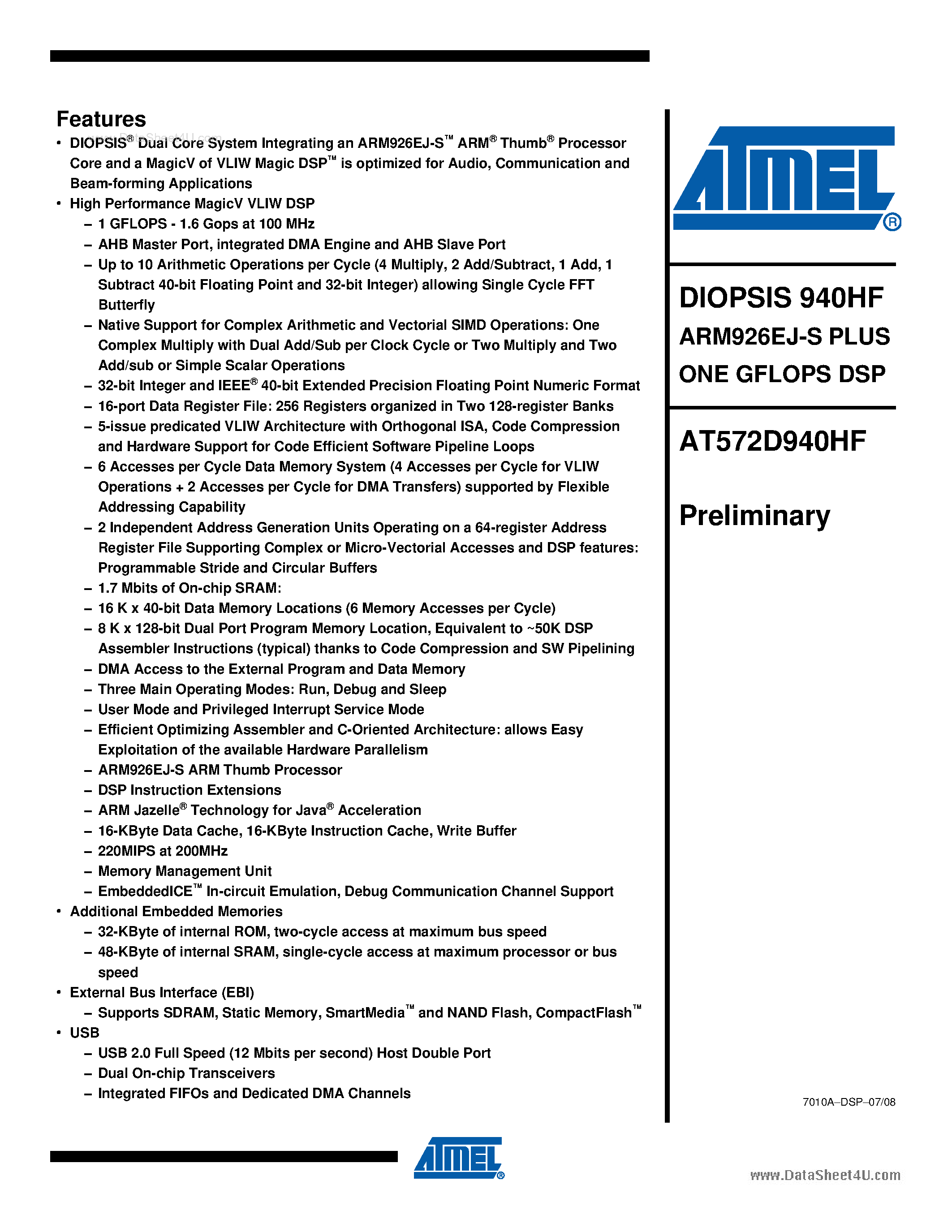 Datasheet AT572D940HF page 1 Datasheet AT572D940HF - DIOPSIS 940HF ARM926EJ-S PLUS ONE GFLOPS DSP page 1